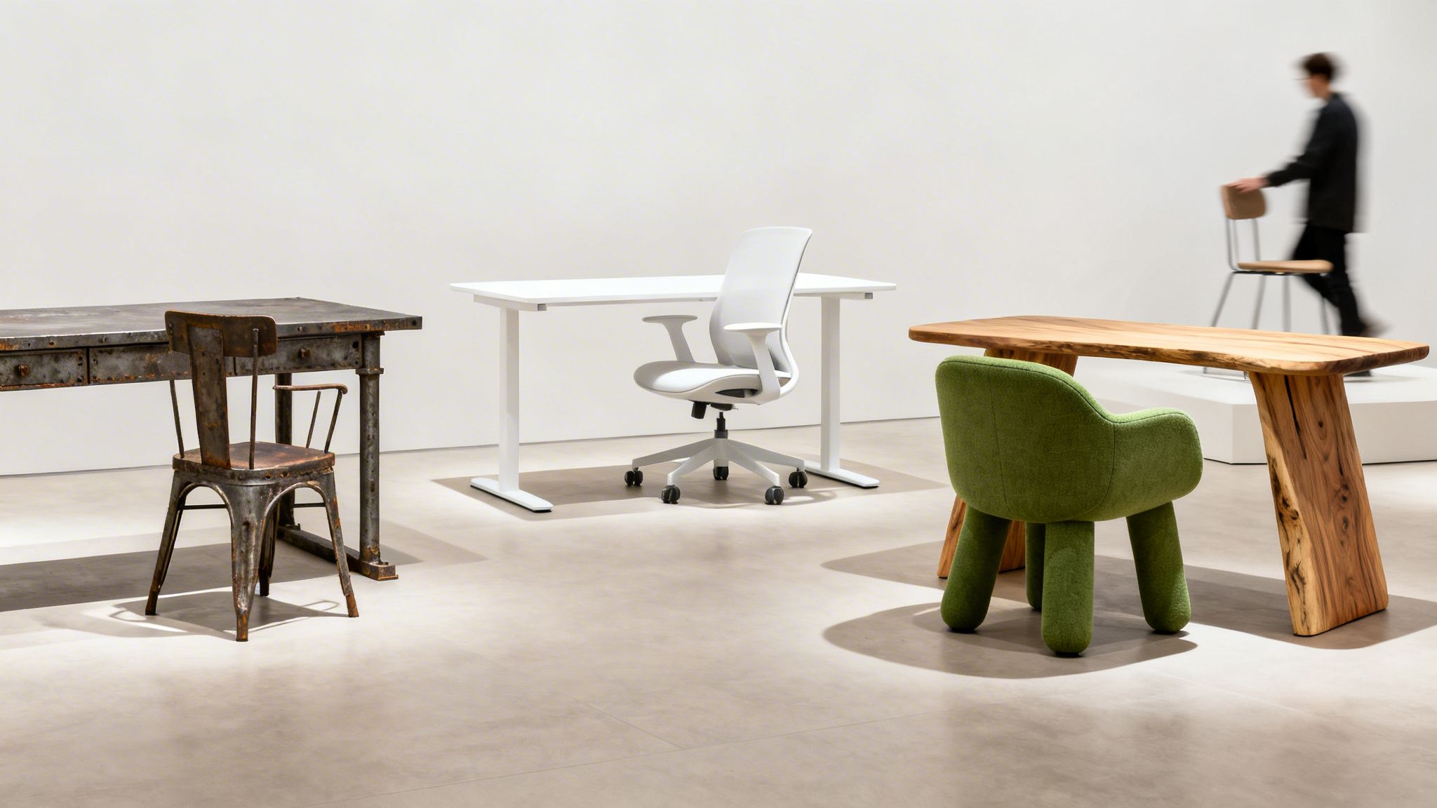 Three distinct desk and chair combinations, showcasing diverse designs in a modern gallery setting.