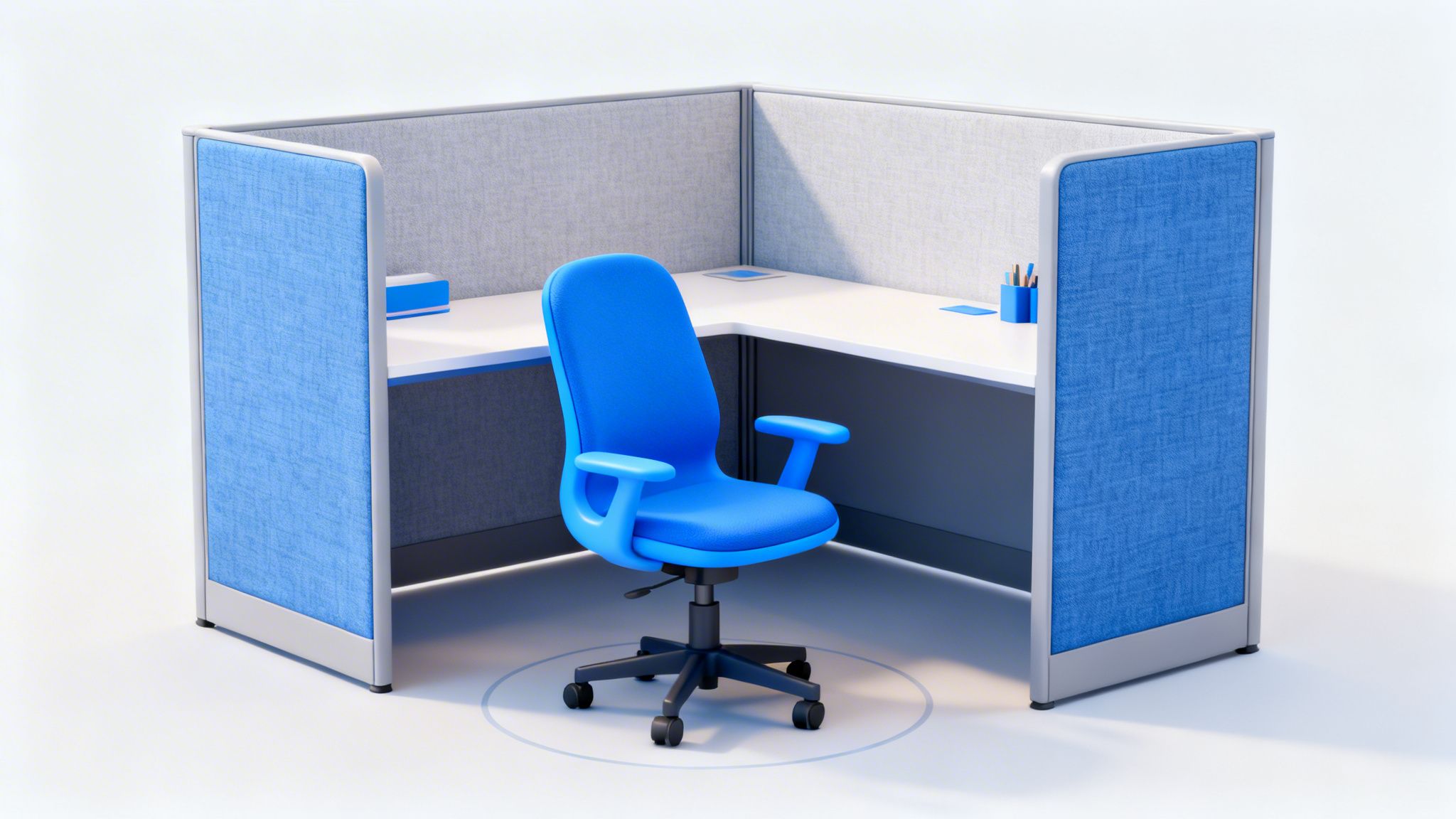 Modern office cubicle with a vibrant blue ergonomic chair and L-shaped white desk.