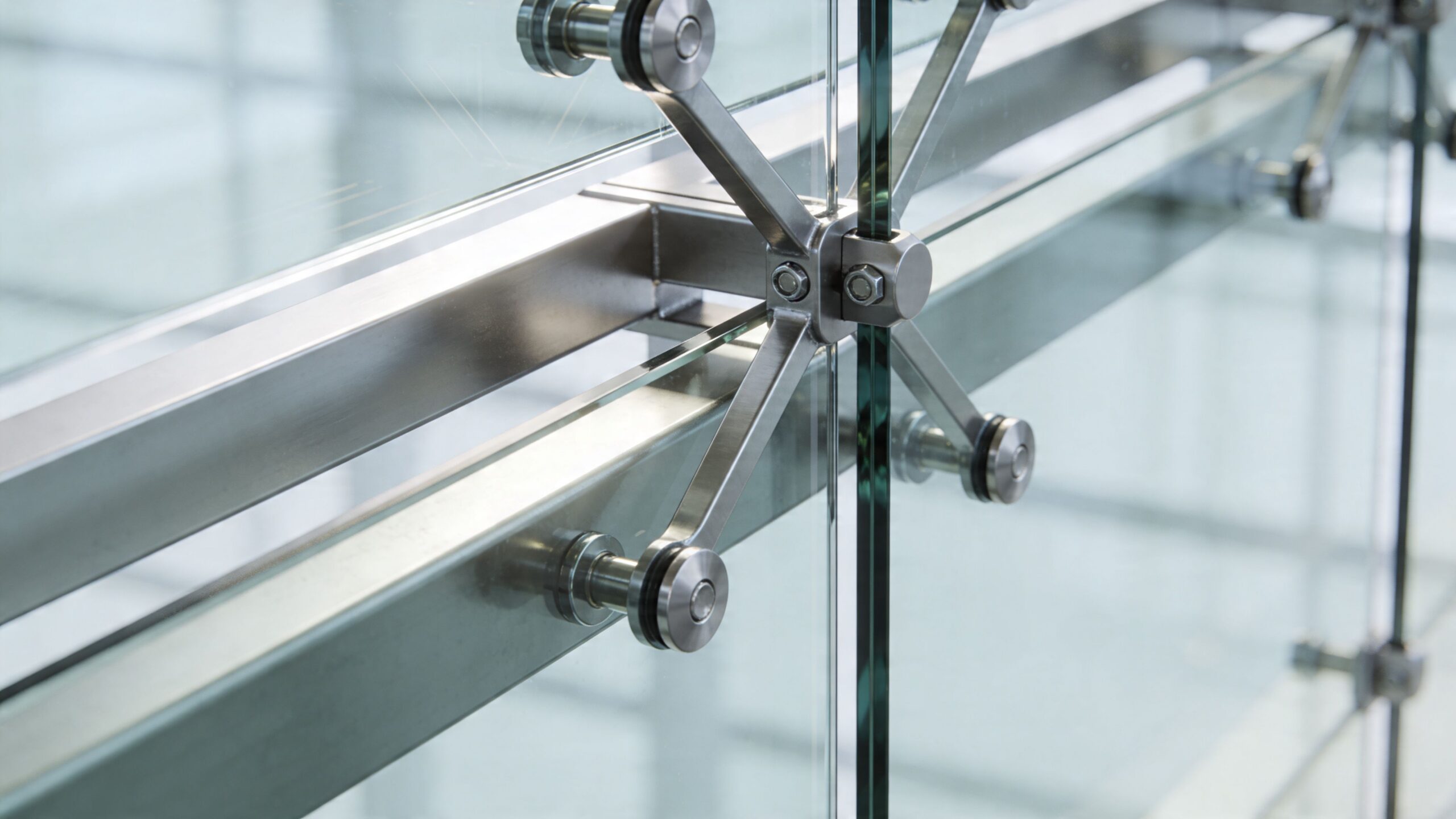 Close up detail of stainless steel glass railing mounting hardware and architectural glass panels in office building