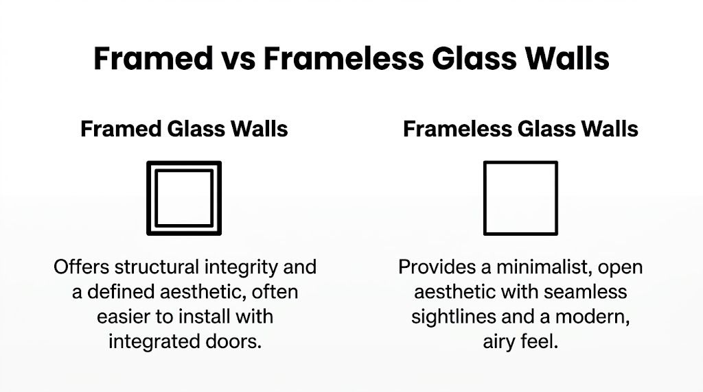 A comparison chart outlining the key differences between framed and frameless glass wall architectural systems.