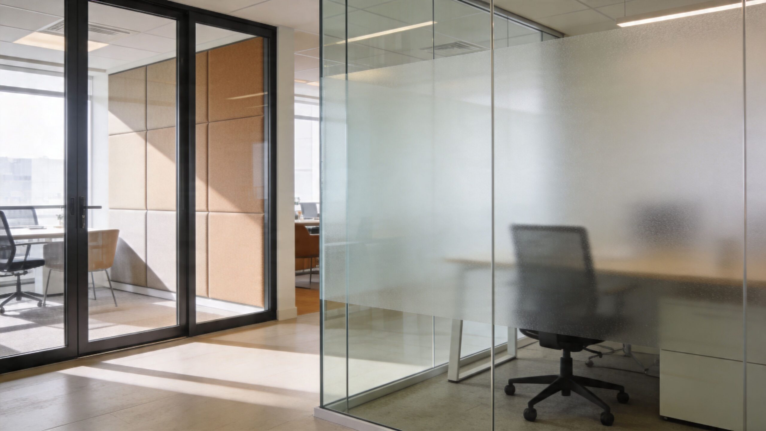A modern, well-lit office interior featuring glass-partitioned rooms with ergonomic chairs and neutral decor.