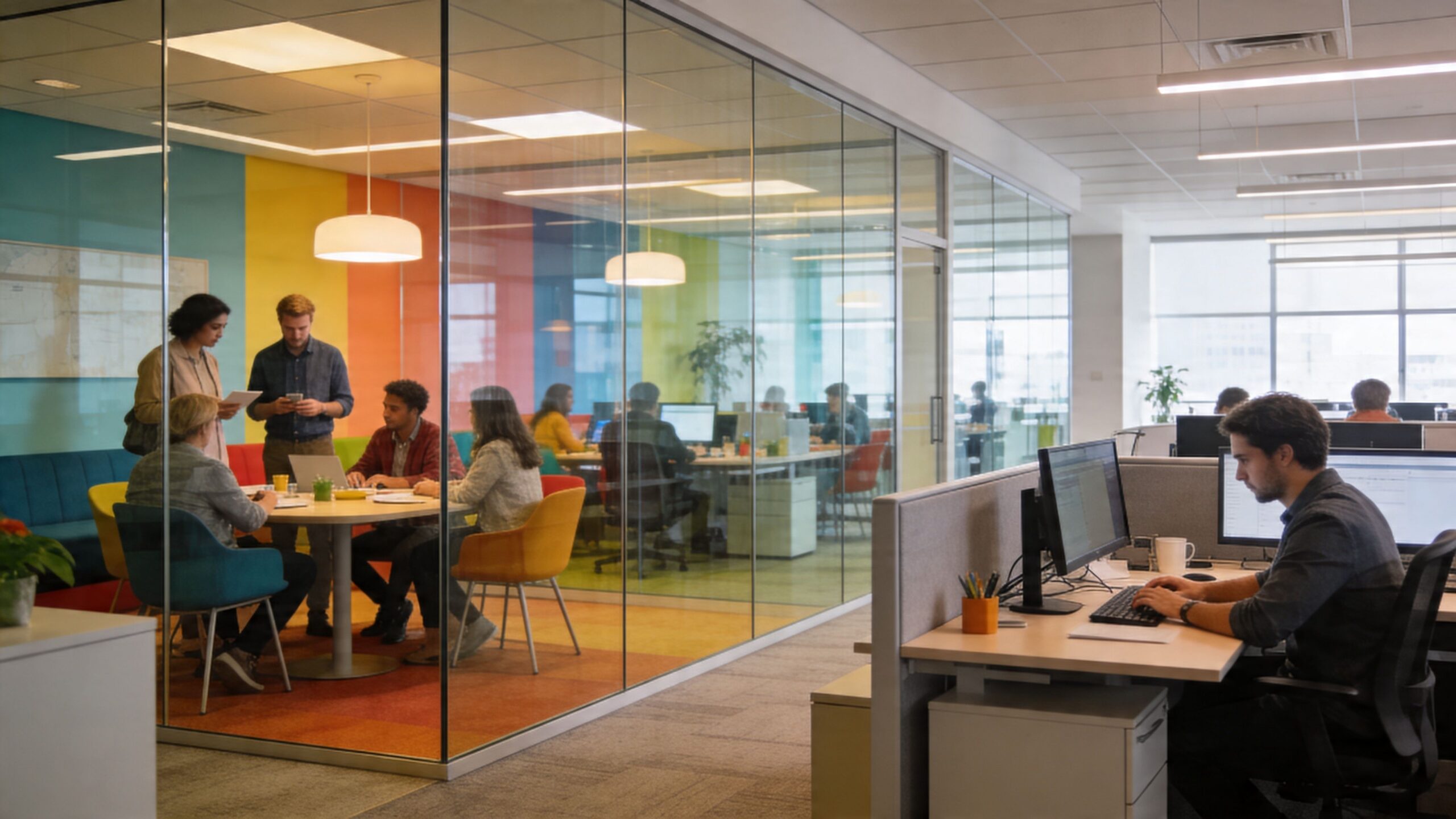 A professional modern office workspace featuring a meeting room enclosed in glass with team members collaborating.