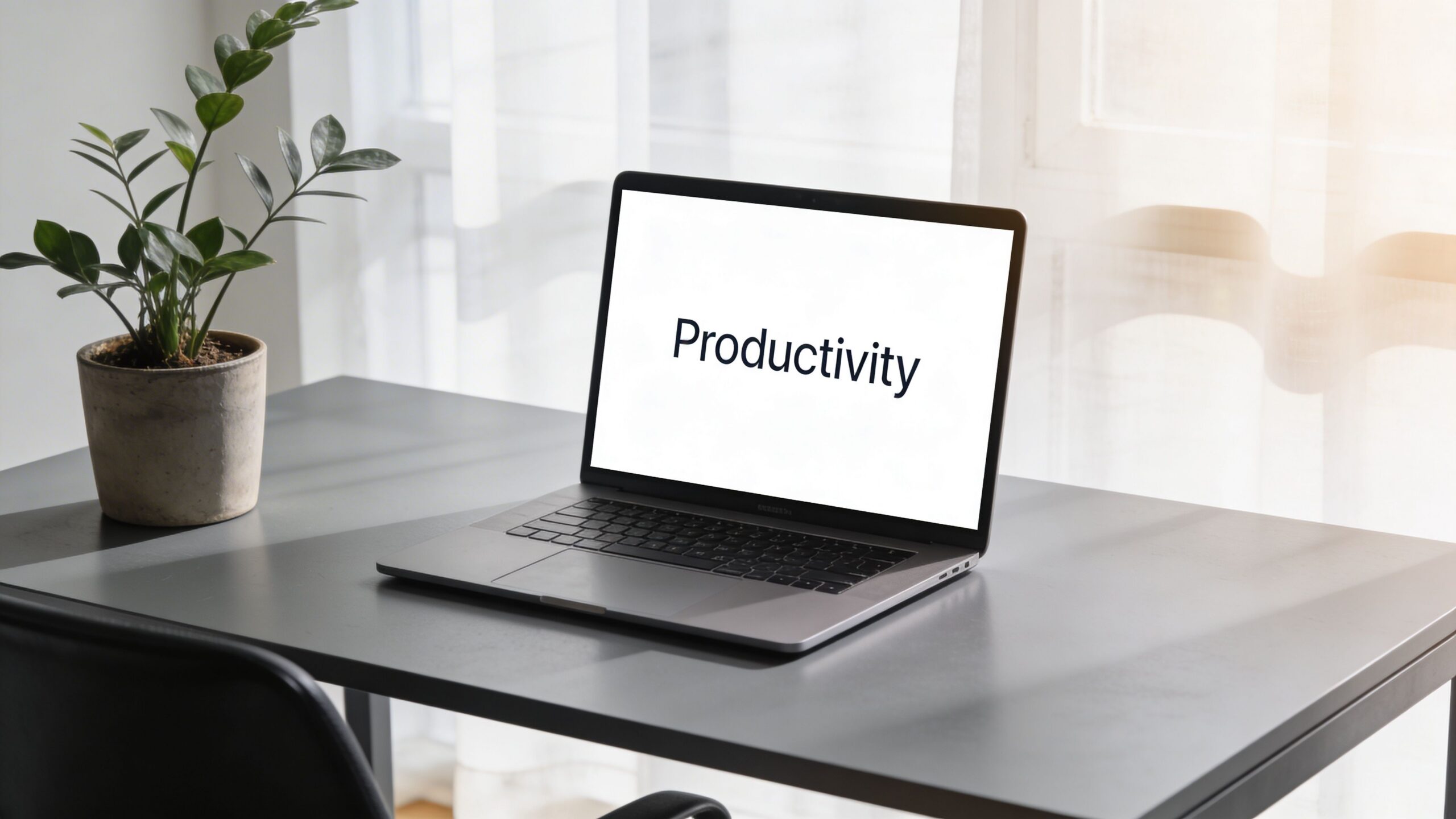 A sleek modern laptop sits on a grey office desk next to a green potted houseplant.
