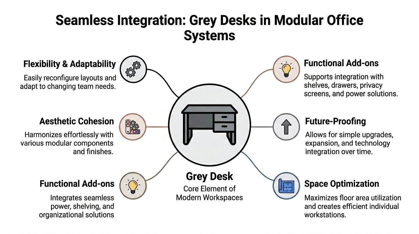A diagram illustrating the benefits of grey desks as a core element in modern modular office systems.