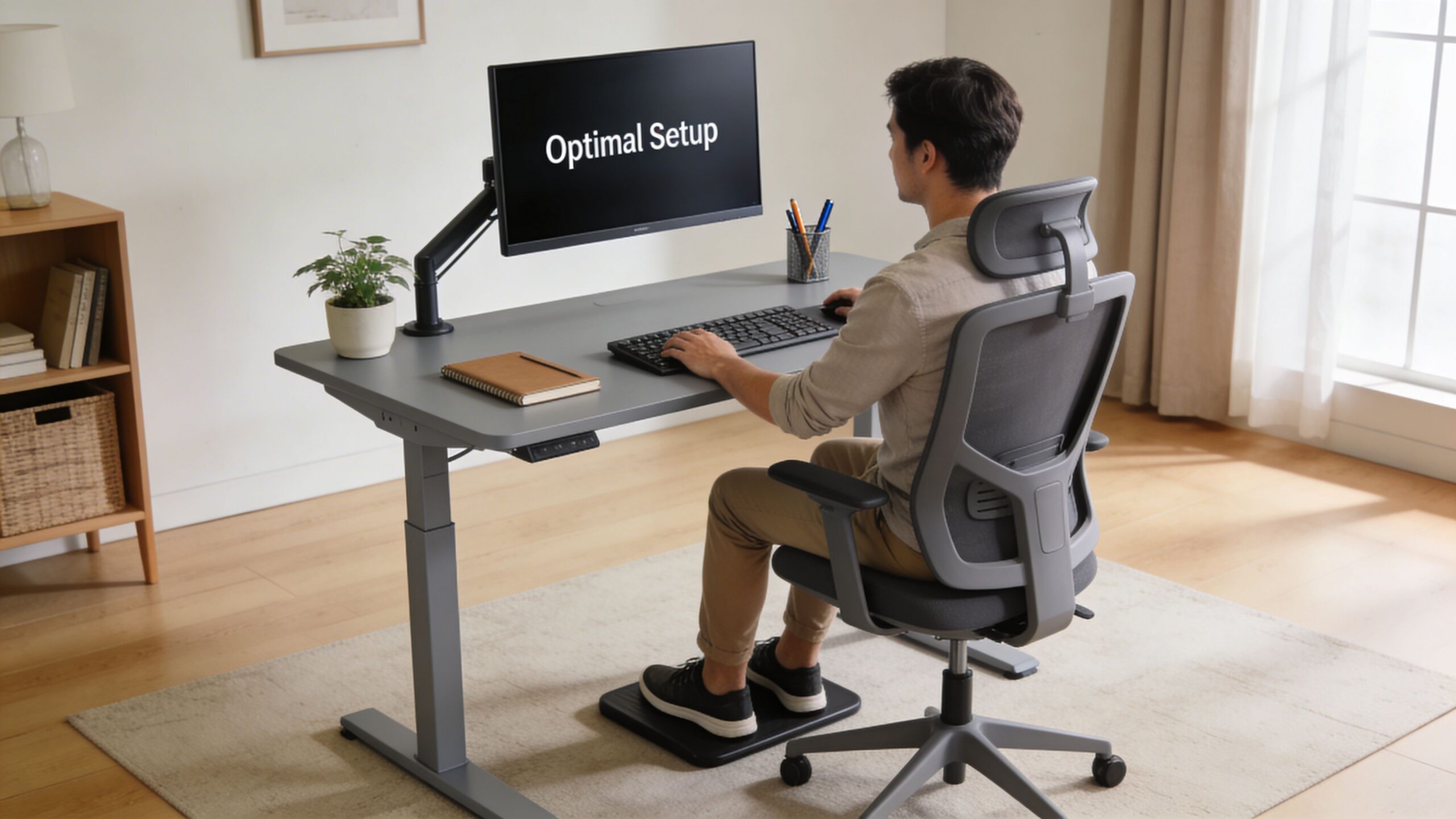 A man sitting at a modern grey office desk while using his computer in a bright room.