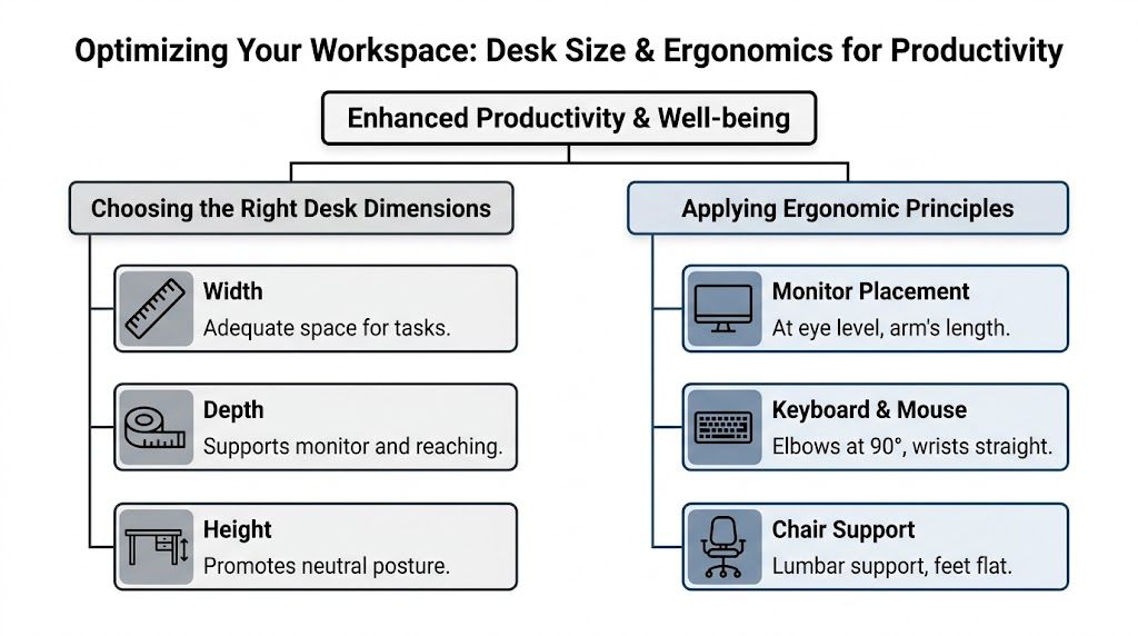 A diagram illustrating desk dimensions and ergonomic principles for an optimized workspace to improve productivity and well-being.