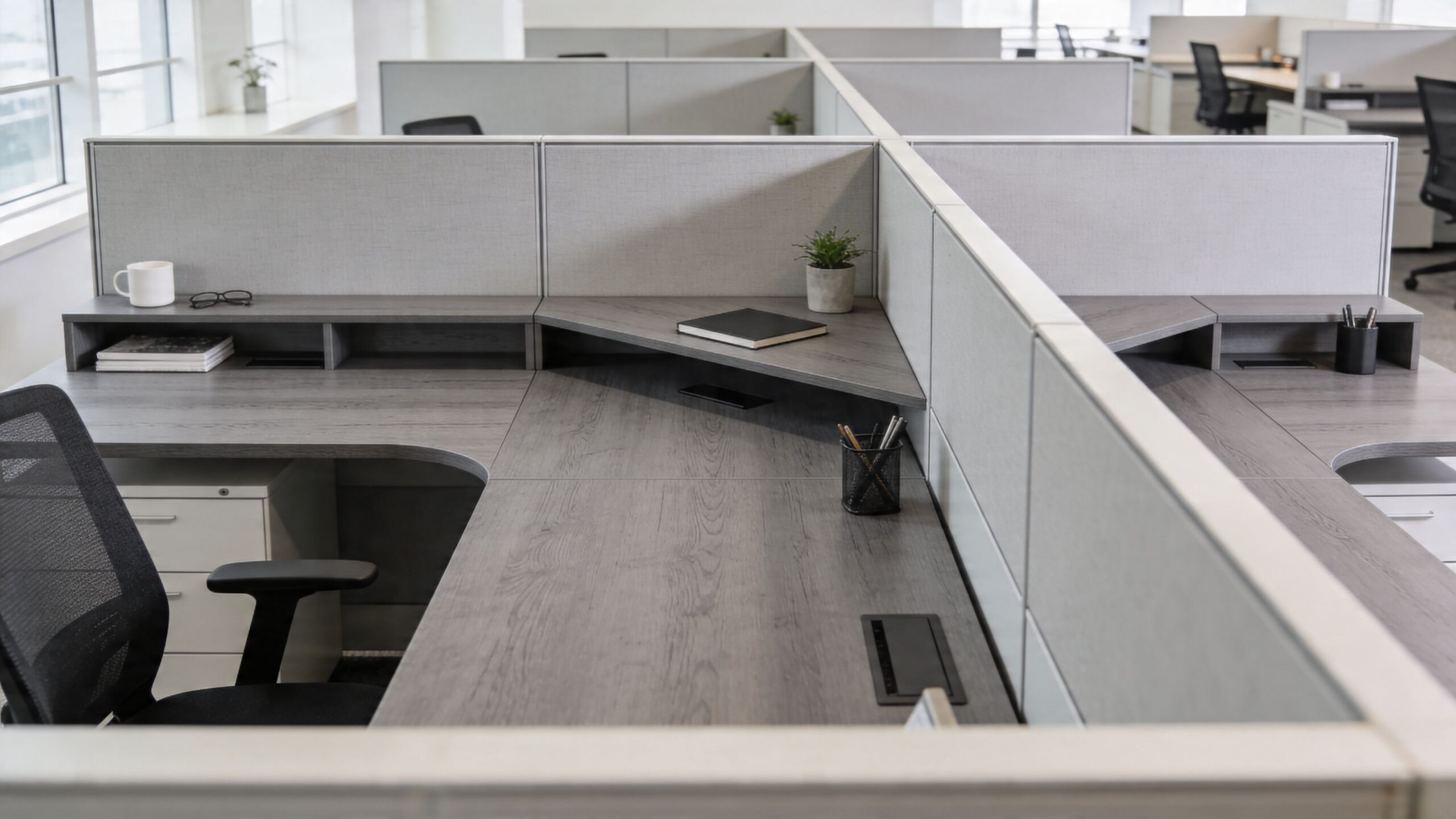 A clean, modern office cubicle featuring a grey wooden desk, ergonomic chair, and minimalist workspace accessories.