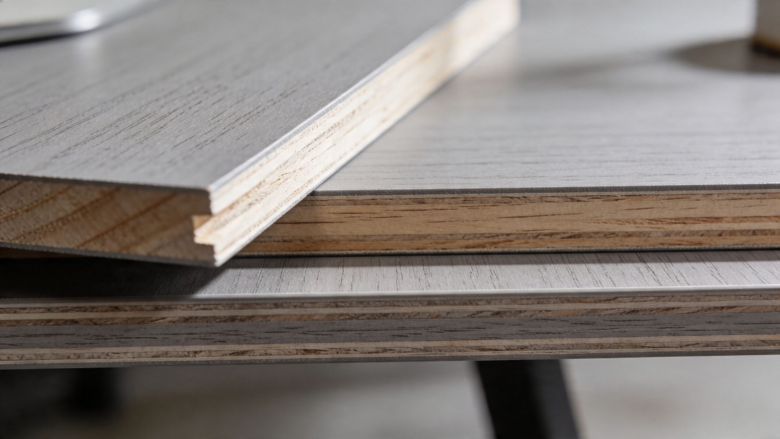 Close-up of stacked grey wood grain desk panels showing layered plywood edges and detailed texture