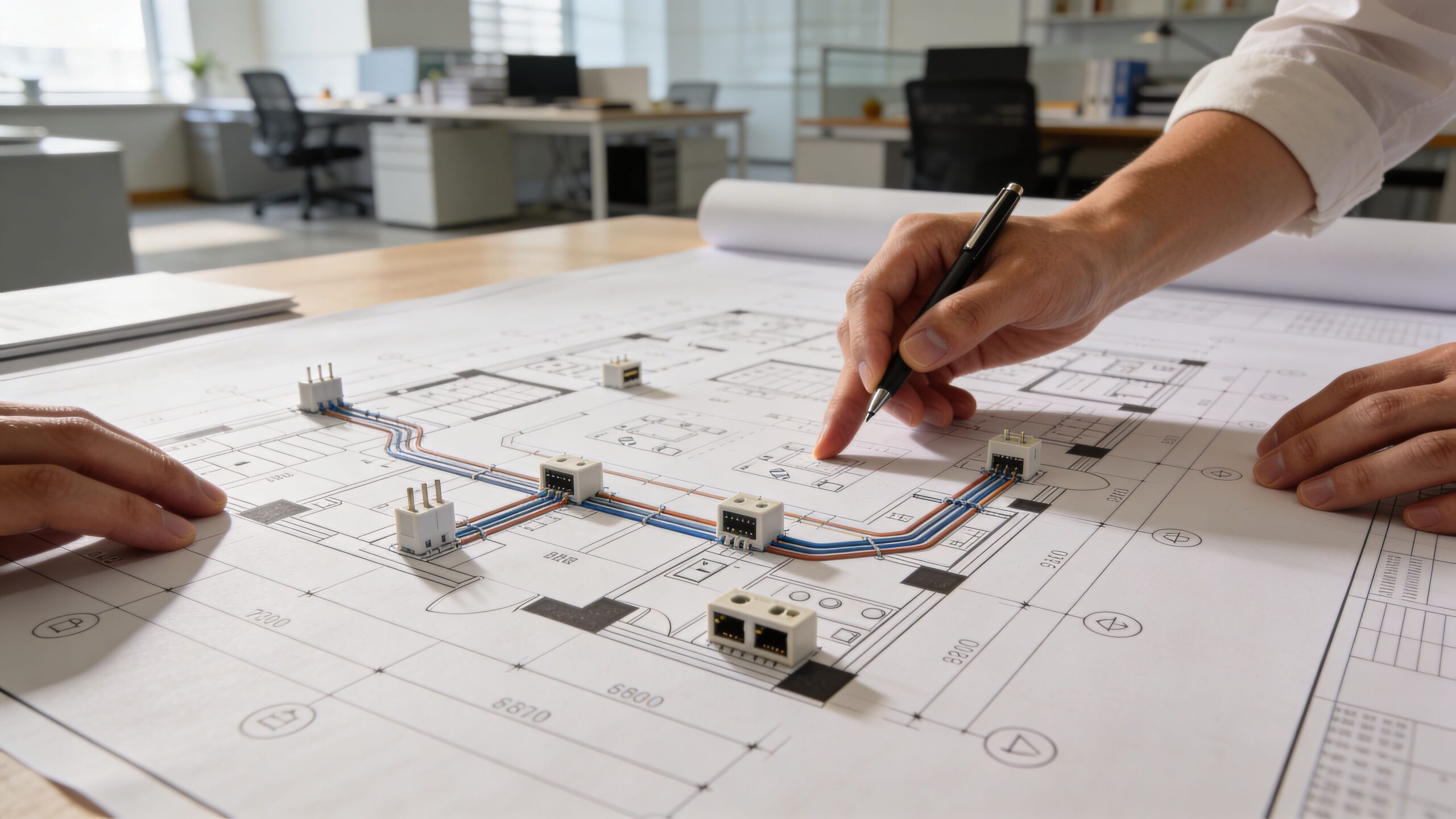 Two architects collaborating on a detailed office floor plan layout using physical models and a pen.
