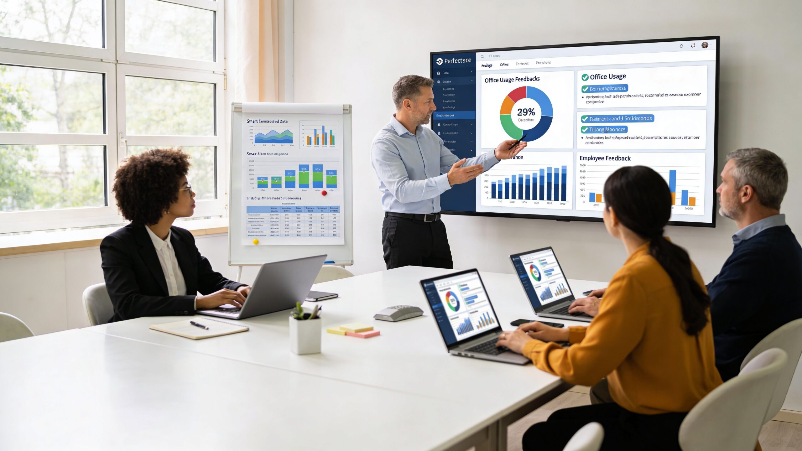 A professional business meeting where a manager presents office usage data to colleagues in a modern conference room.