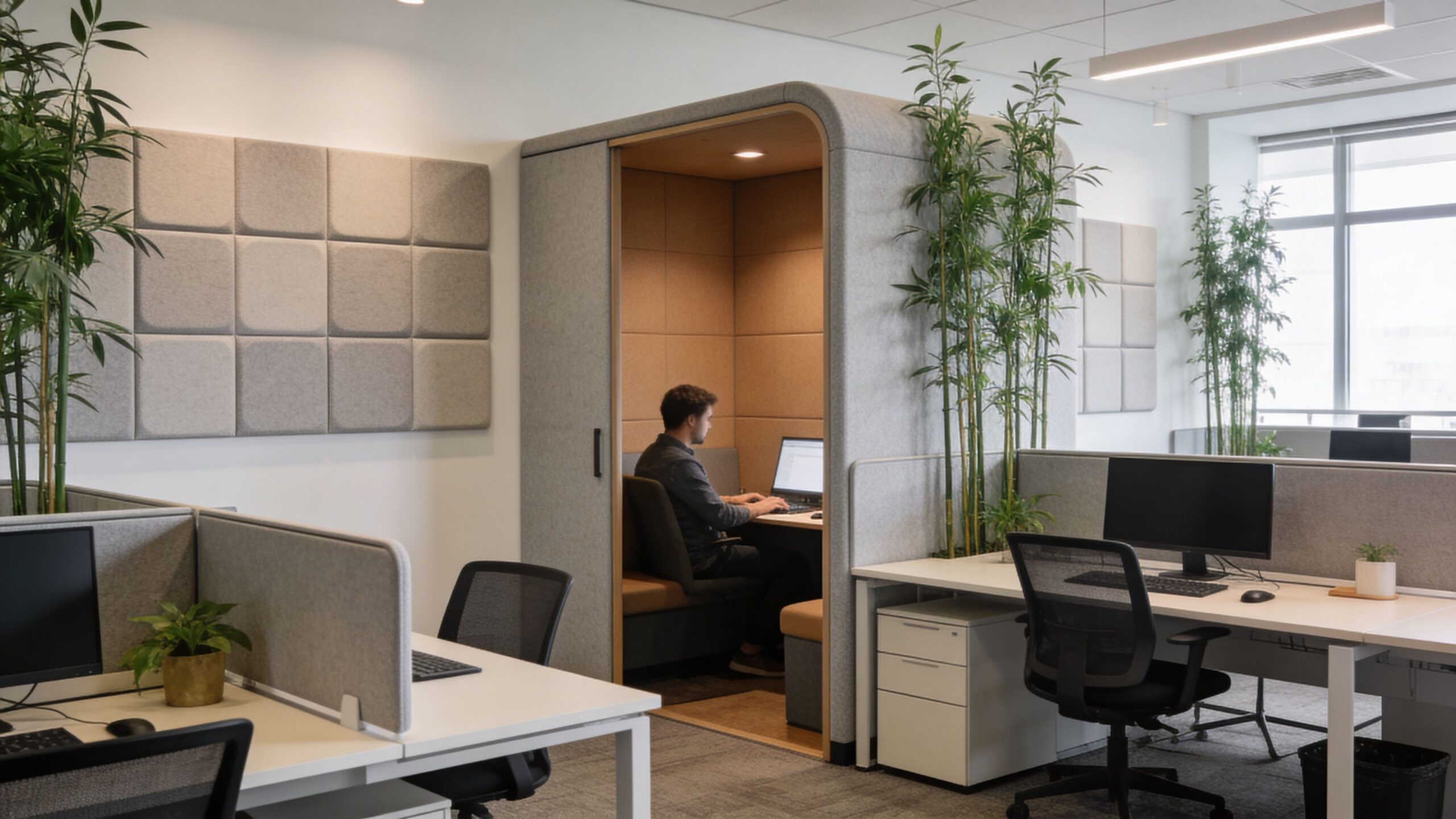 A modern open-plan office featuring a private work pod with a seated employee next to desk workspaces.