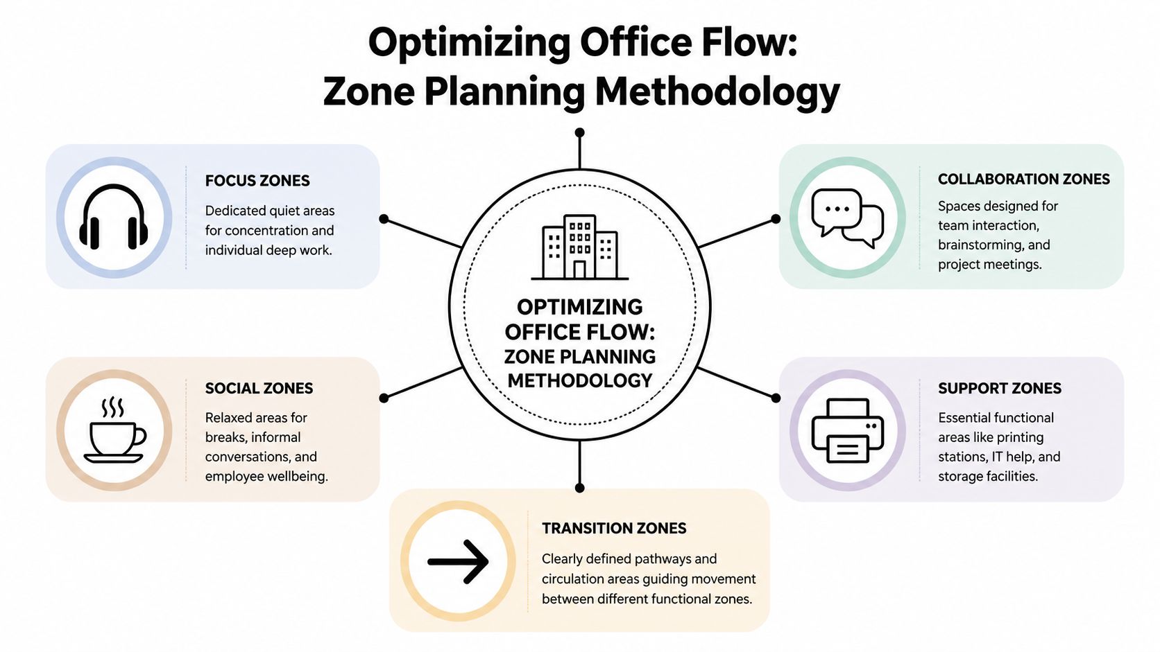 A diagram illustrating a zone planning methodology to optimize office flow through designated workspace functional areas.