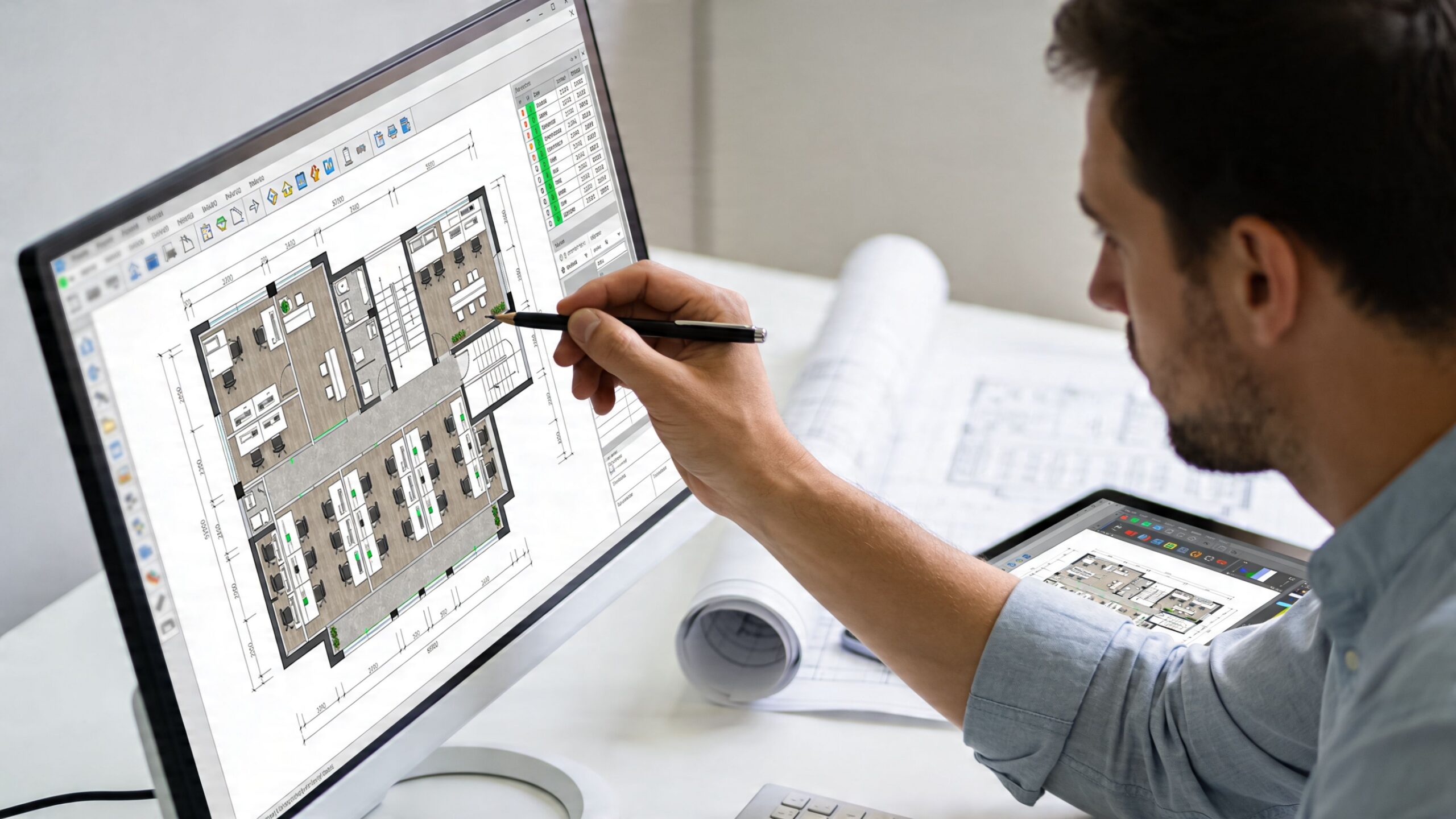 An architect pointing at a modern office floor plan design on a computer monitor while sitting at his desk.