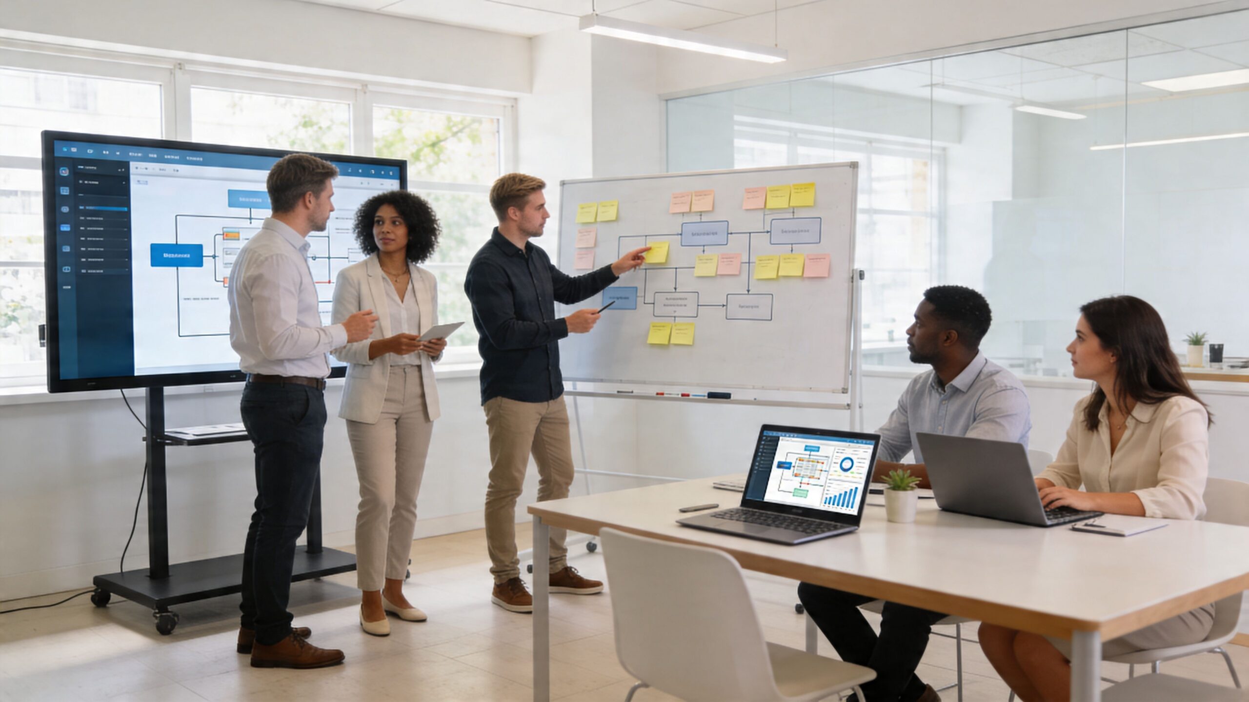 A professional team collaborates on a business strategy project using a digital display and whiteboard in a modern office.