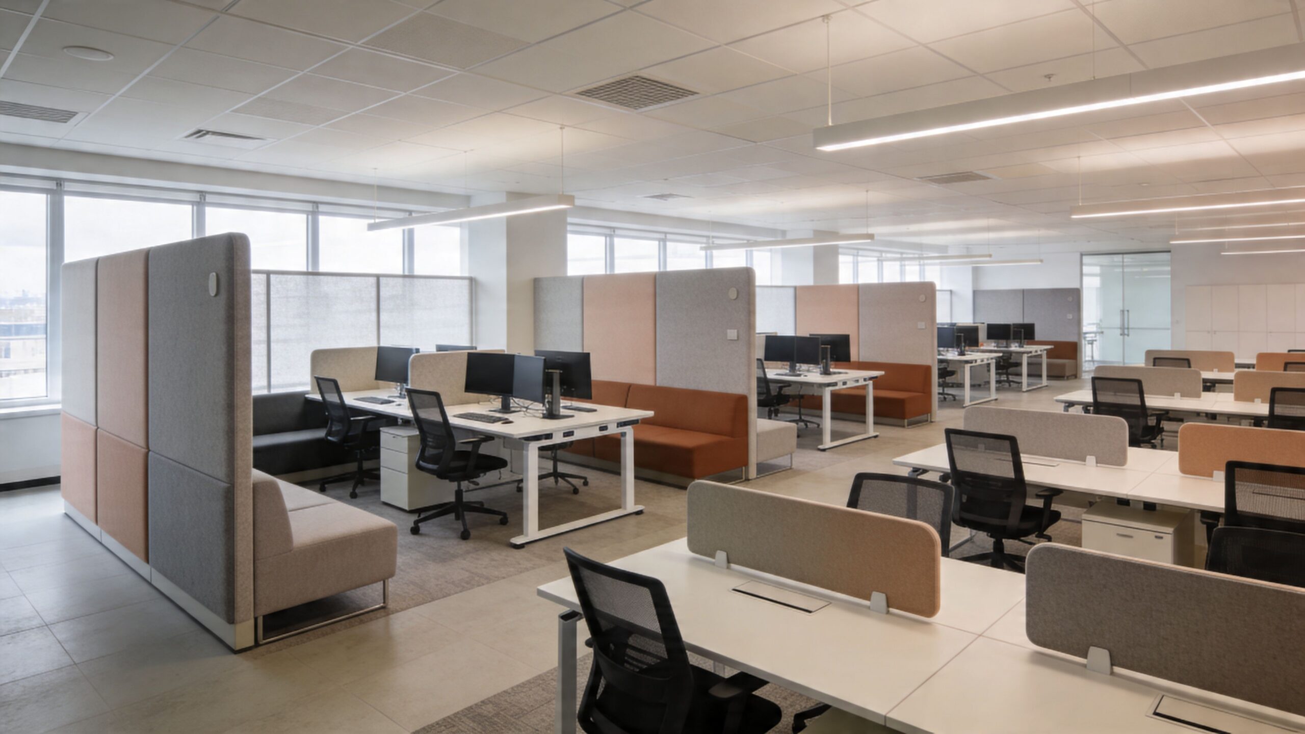A modern open-plan office space featuring modular desks, ergonomic chairs, and acoustic privacy dividers with comfortable seating.