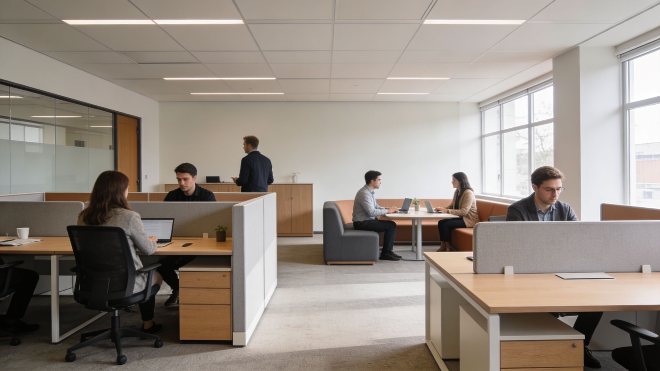 A bright, modern open-plan office space featuring modular workstations and a collaborative seating area with employees.