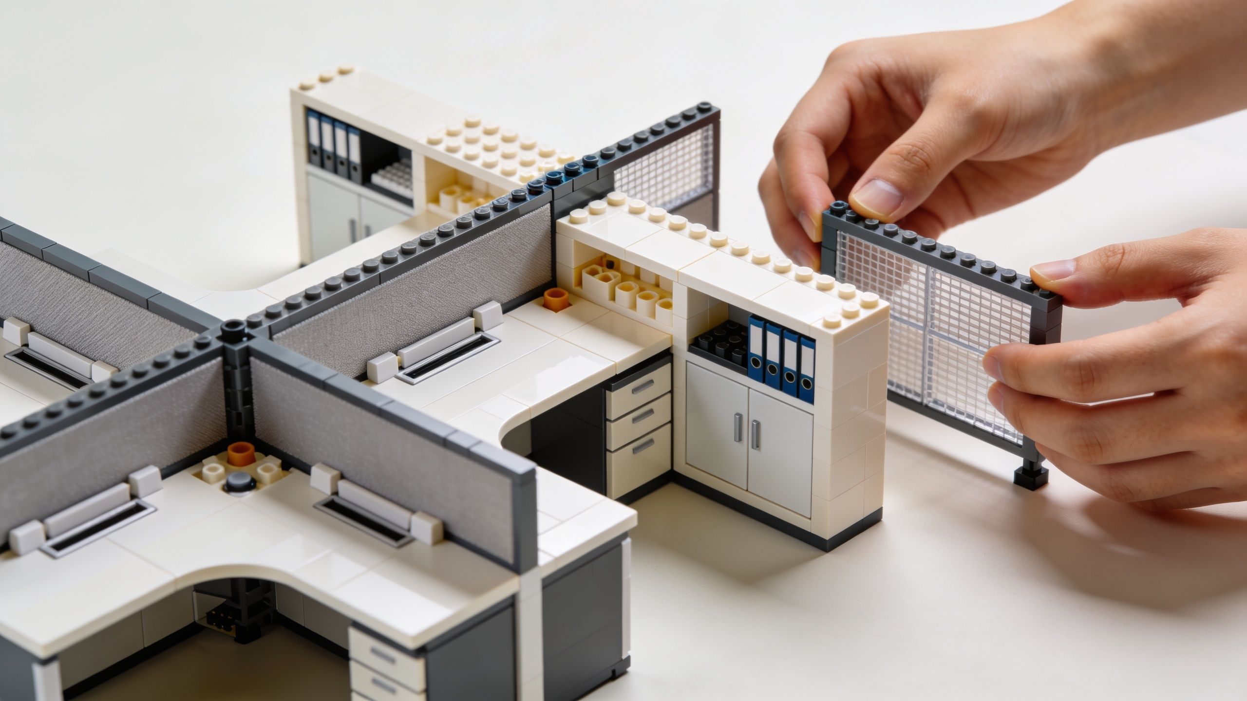 A person's hands assembling a miniature modular office cubicle model made from white and grey plastic building blocks.