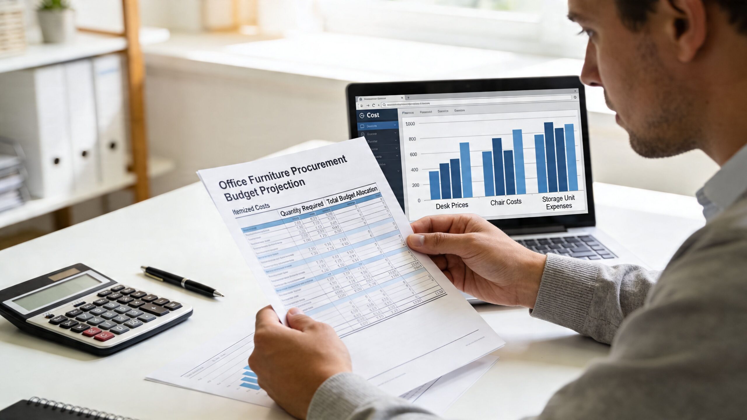 A professional analyzing an office furniture procurement budget projection document while viewing related cost charts on a laptop.