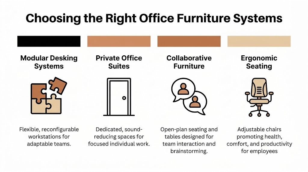 A guide illustrating four types of office furniture systems including desks, private offices, collaborative furniture, and ergonomic chairs.