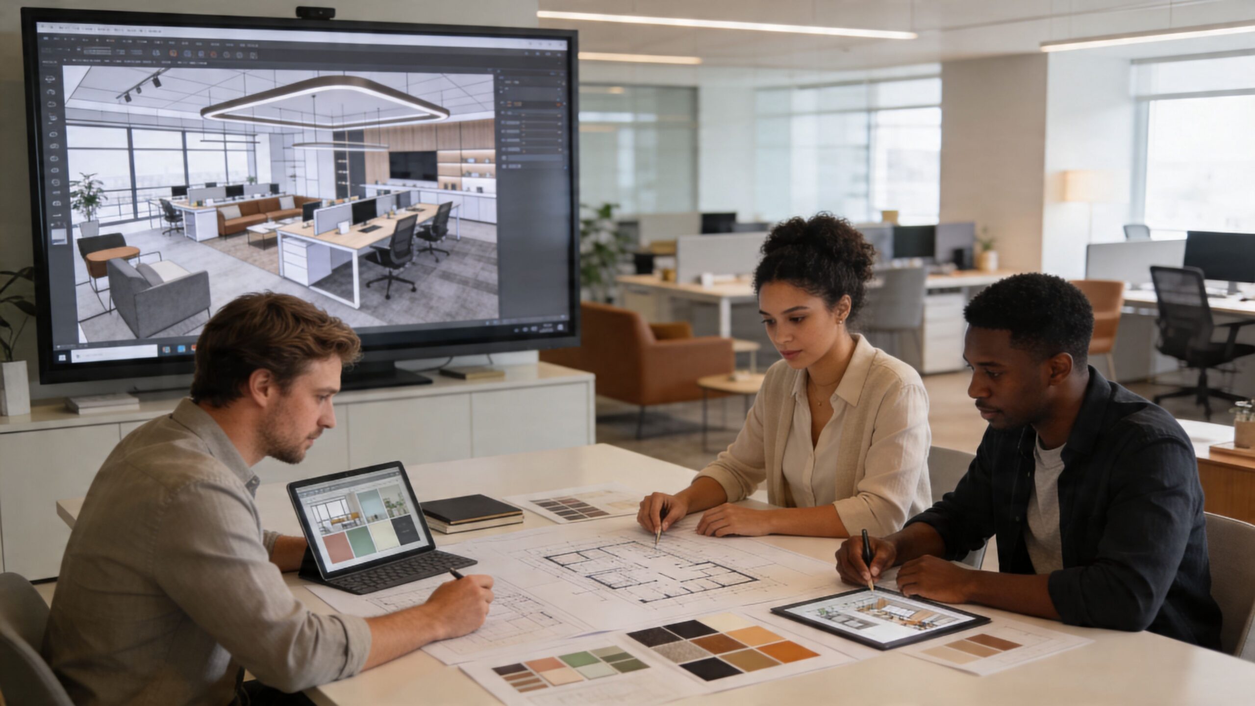 A professional design team reviews architectural office floor plans and color palettes on a digital screen.