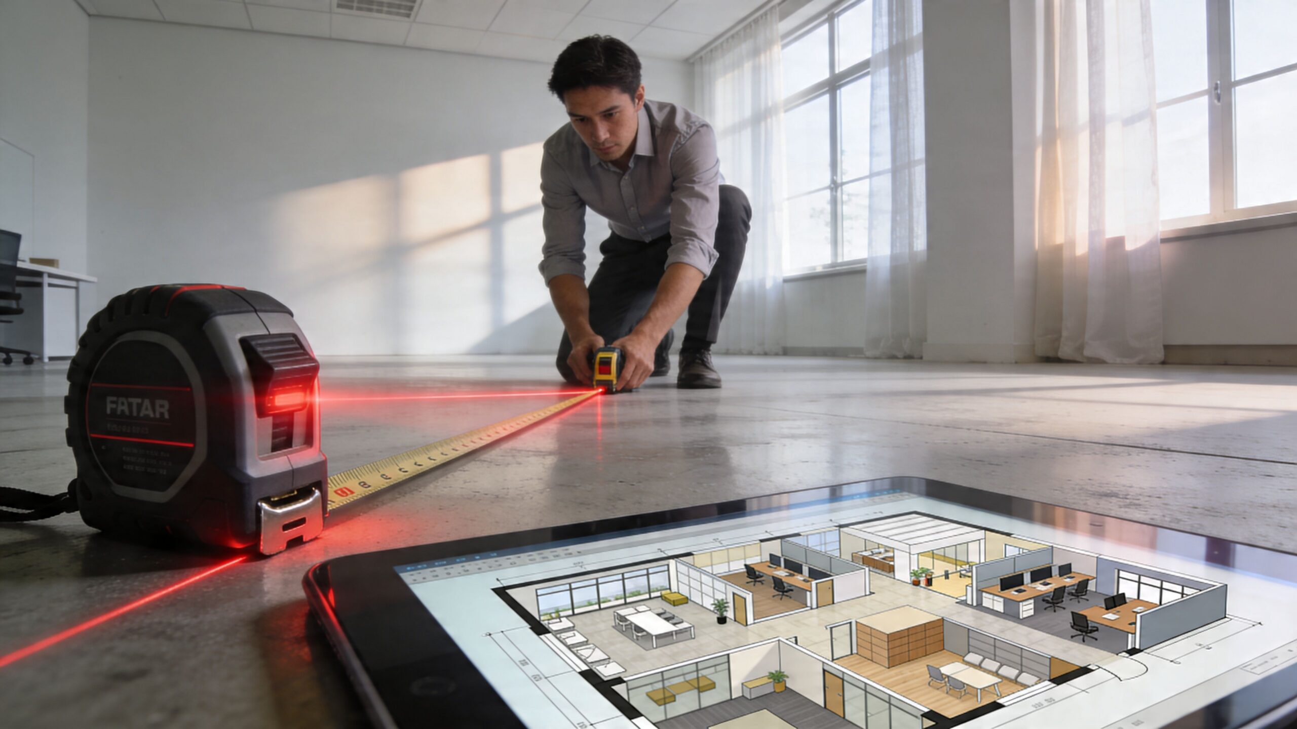 An office manager measuring floor dimensions with a laser tape measure while planning office layout on tablet.