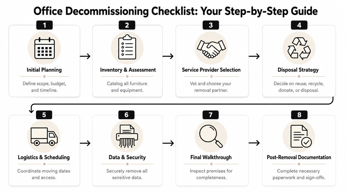 An eight-step infographic detailing the office decommissioning process for effective commercial relocation and furniture removal management.