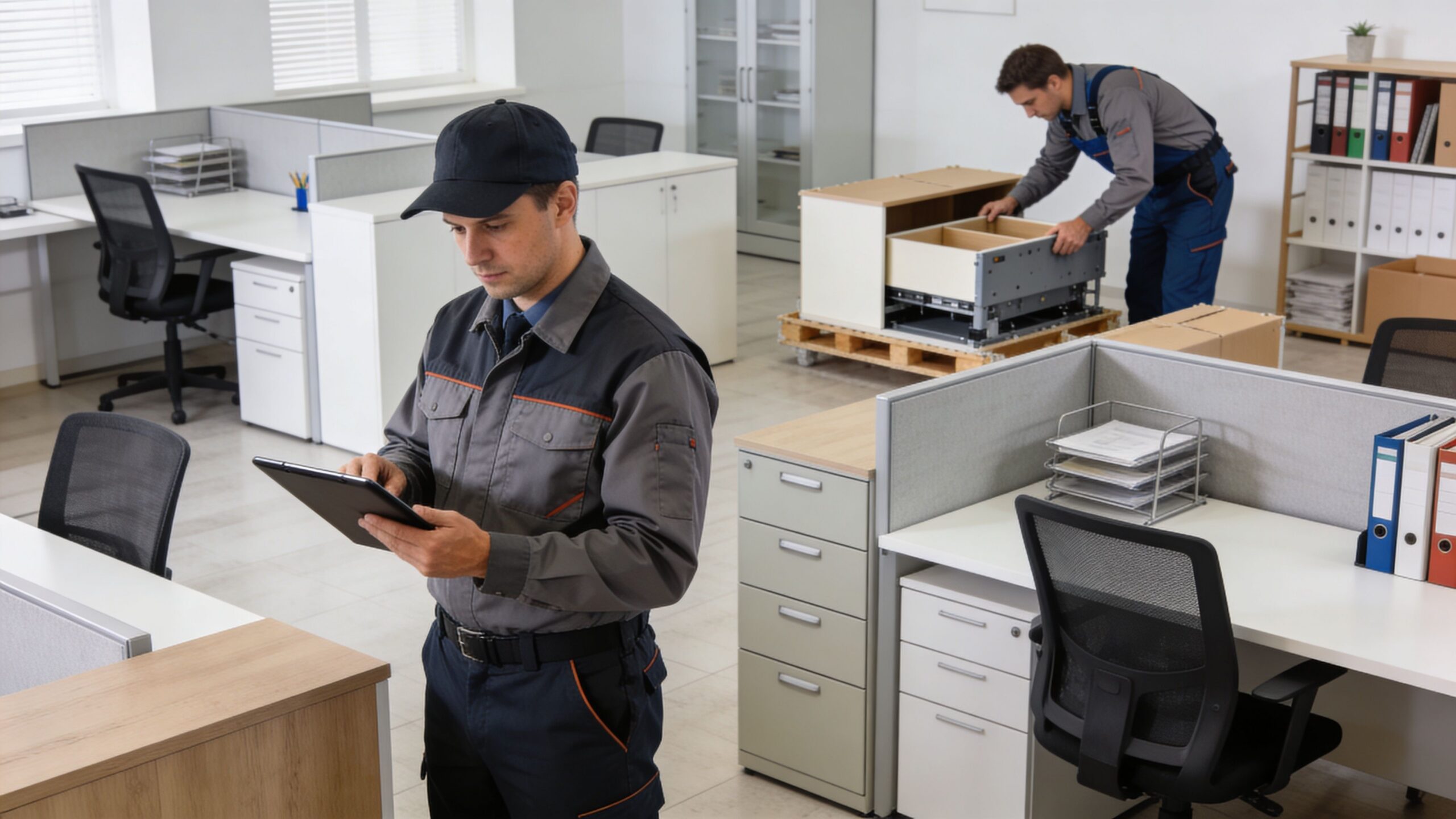 Two professional movers in uniform organizing office furniture and inspecting inventory in a bright modern office space.
