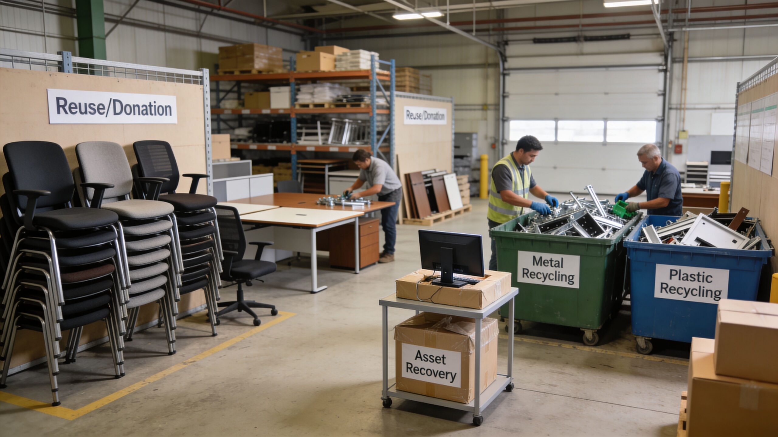Workers in a warehouse sorting and recycling old office furniture and equipment for sustainable disposal.