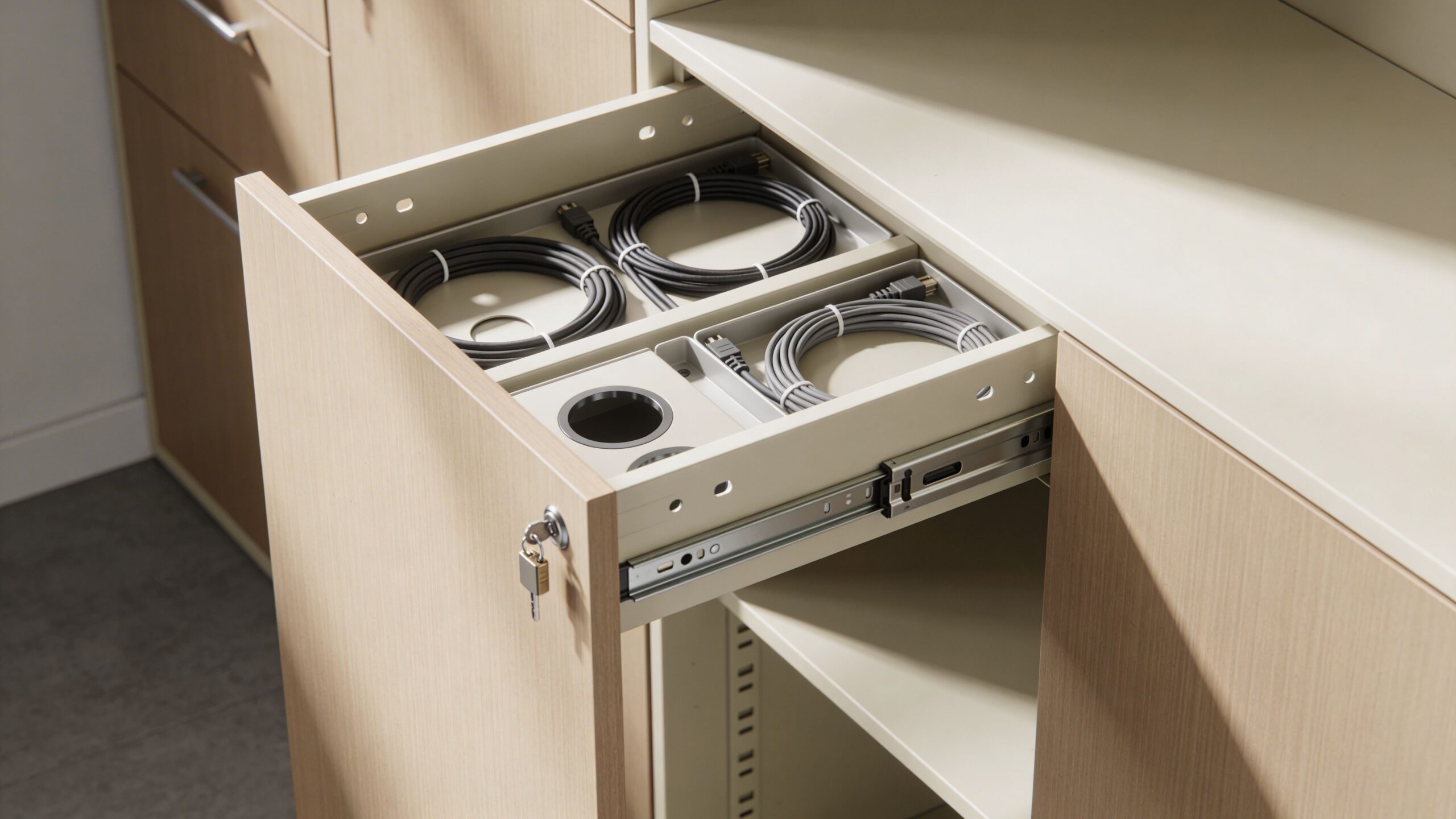 A light wood office storage credenza with an open drawer containing organized black cables and accessories.
