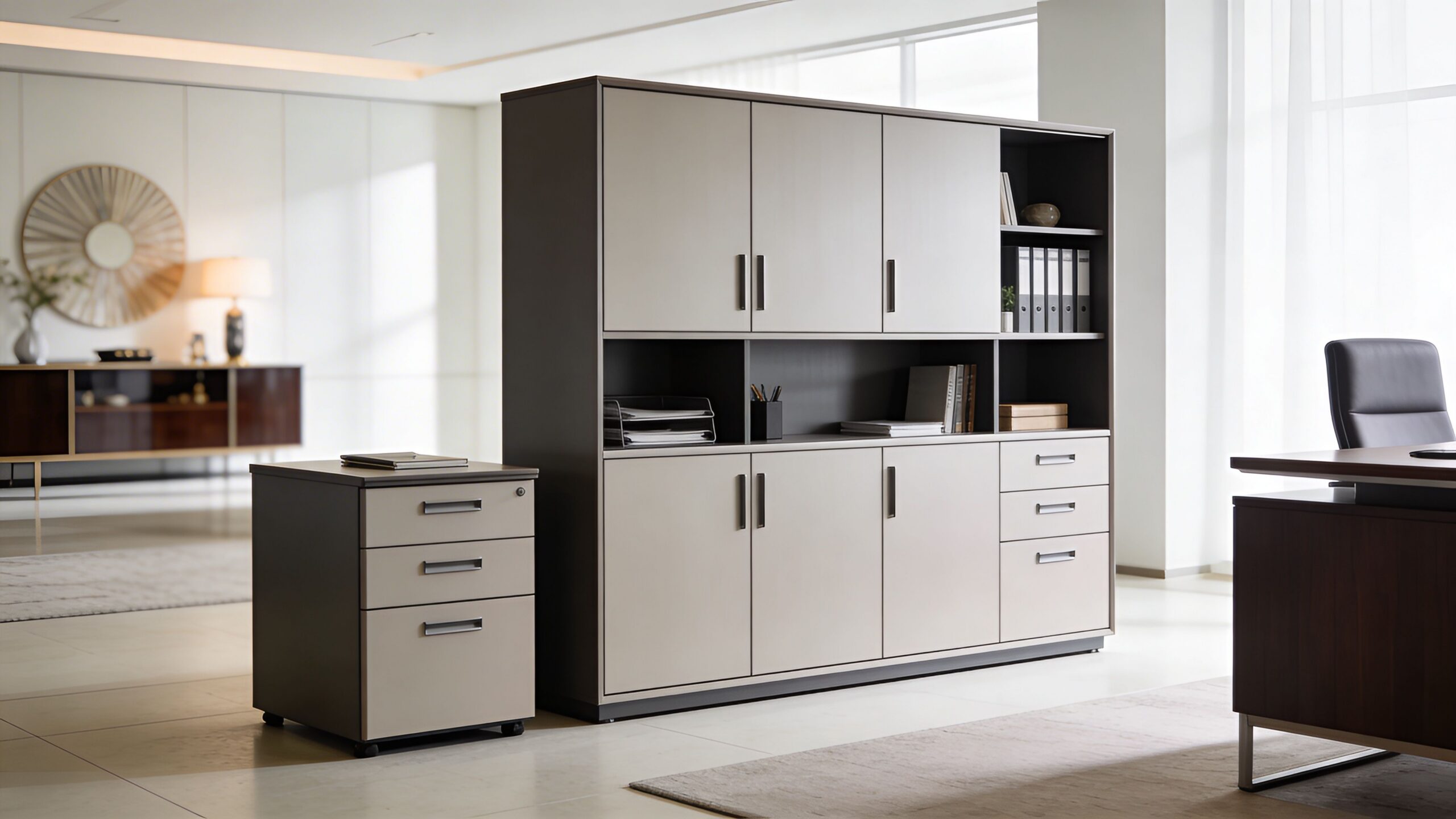 A modern office space featuring a large grey storage credenza and a matching rolling mobile filing cabinet.