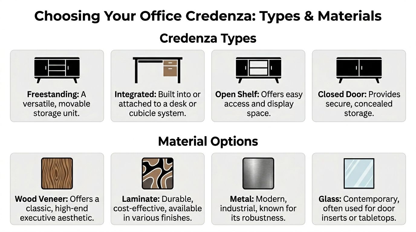 A guide illustrating different types and material options for choosing an office storage credenza.