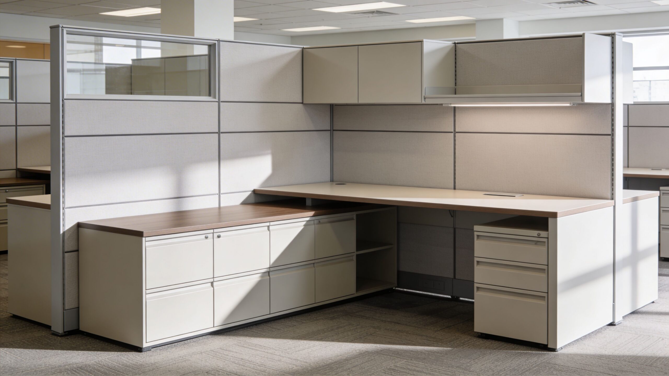 A modern L-shaped office workstation featuring a beige storage credenza, integrated desk space, and overhead cabinetry.