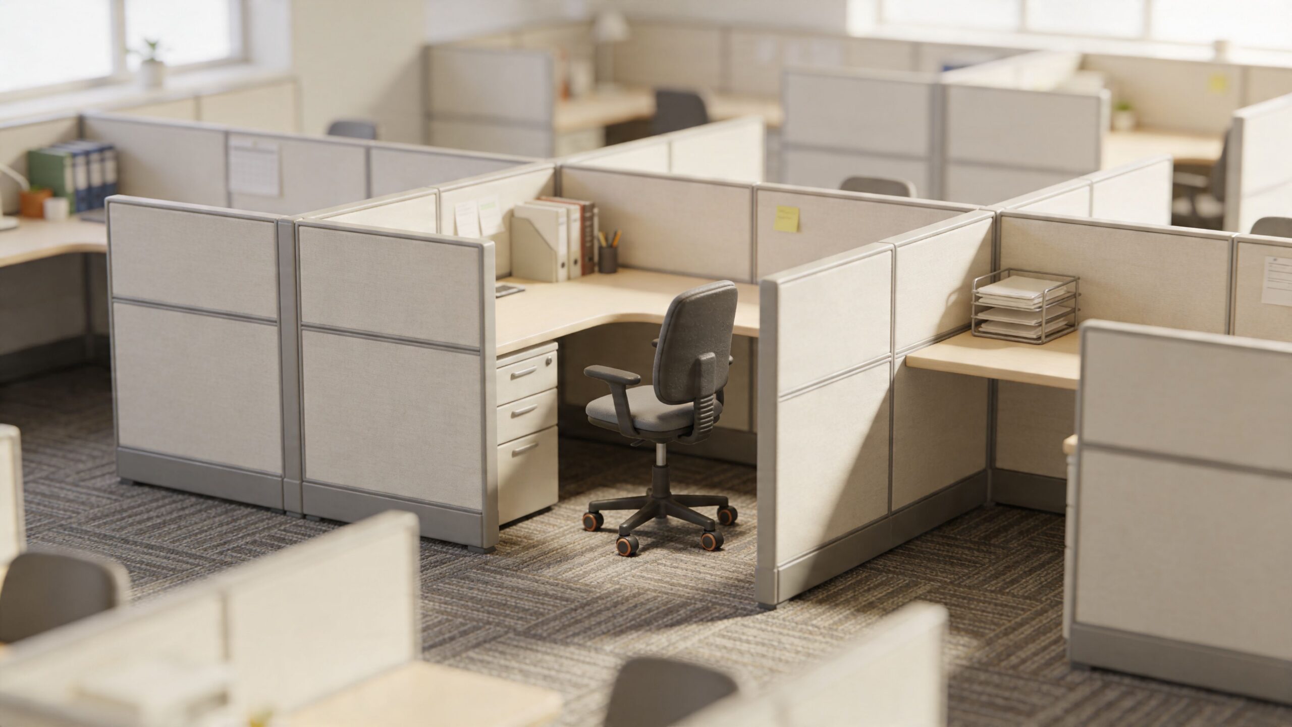 A small office chair shown inside a modern cubicle workstation, demonstrating how a compact design fits well in a professional setting with grey chairs and desks.