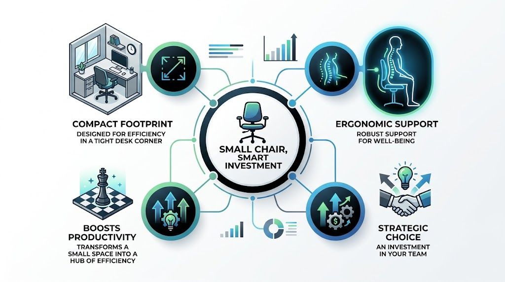 An infographic showing the benefits of a small office chair, highlighting productivity, ergonomics, and how it saves space in a compact office.