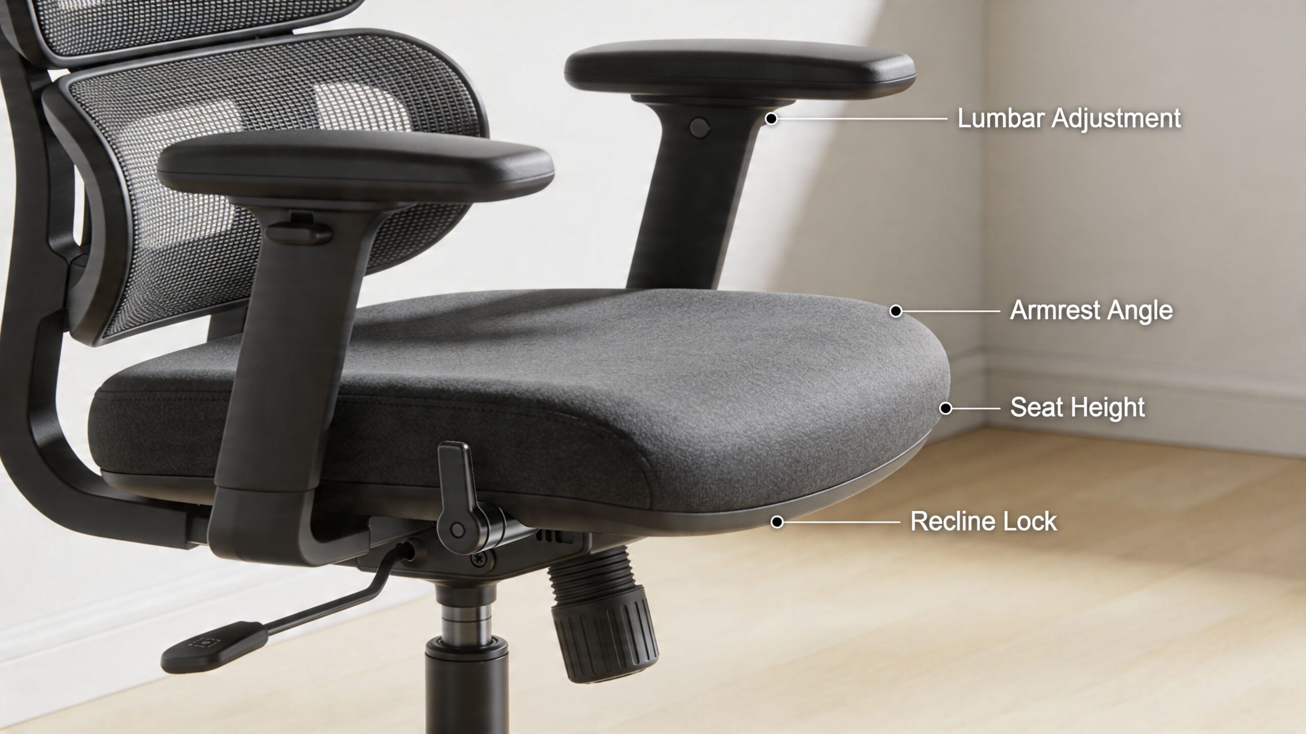 A close-up shot of a modern ergonomic small office chair, with labels pointing to adjustable features like armrests, lumbar support, and seat height control.