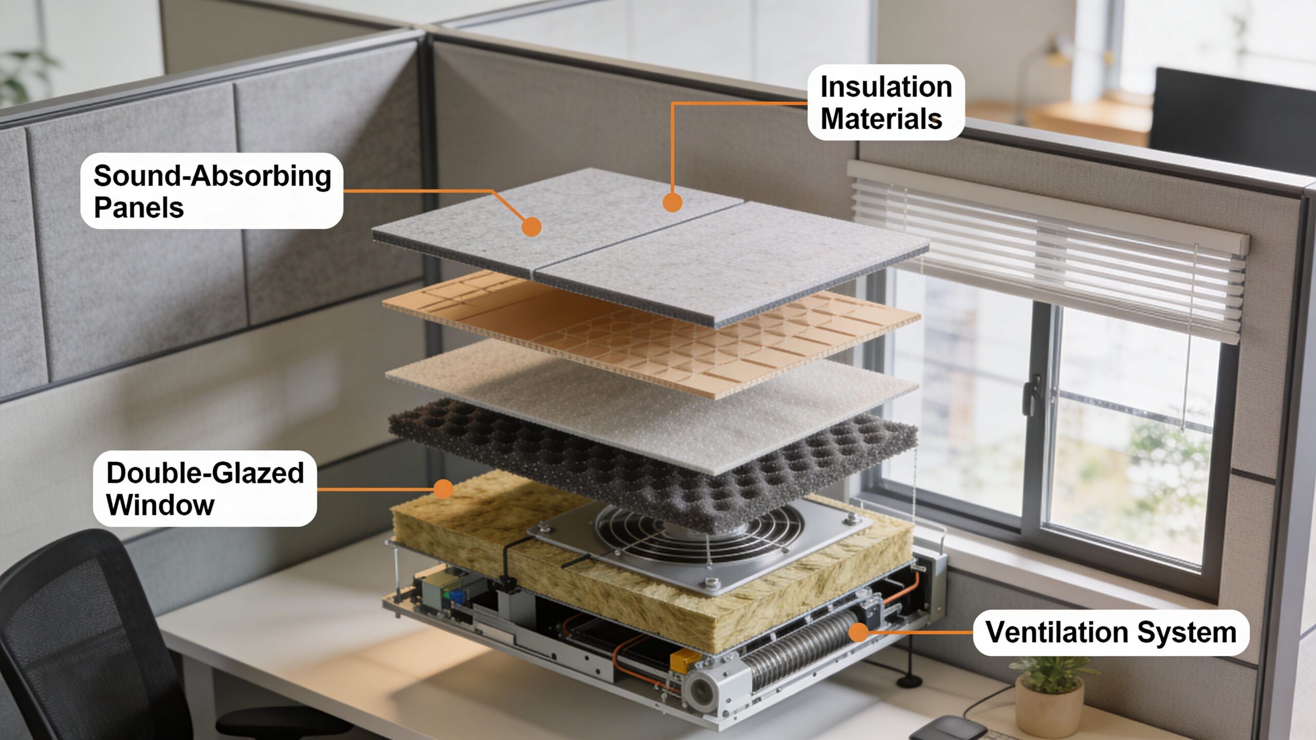 A 3D exploded view diagram showing the components of a soundproof office cubicle and ventilation system.