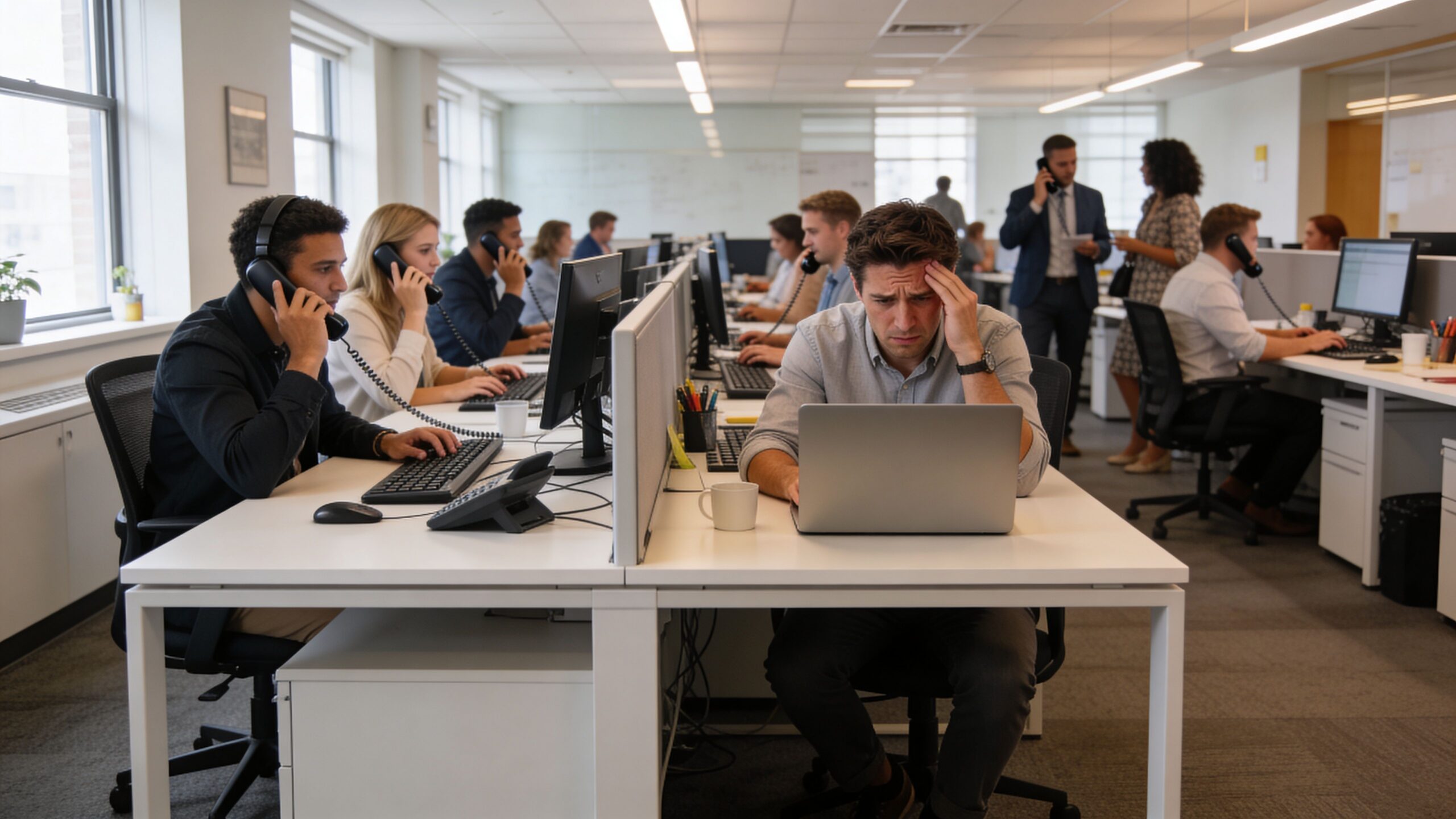 A busy open-plan office setting with employees working at desks, some on phones and using computers.