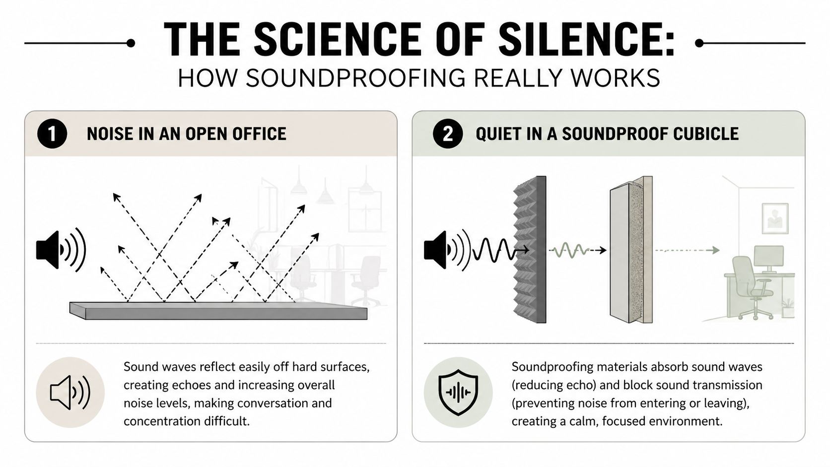 An infographic comparing sound reflection in an open office versus sound absorption in a soundproof cubicle.