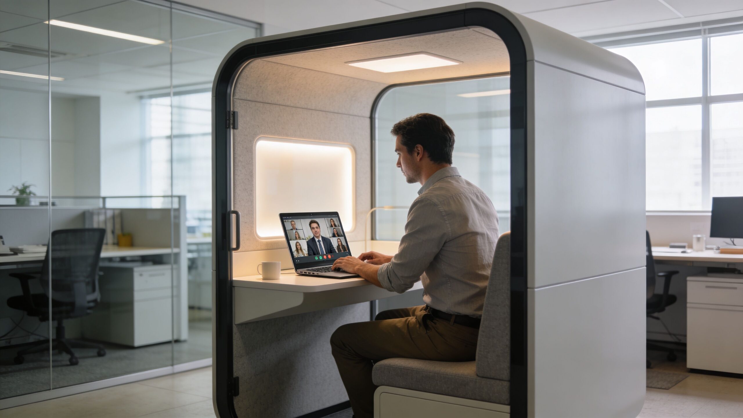 A man working on a laptop during a video conference inside a private, soundproof office phone booth.