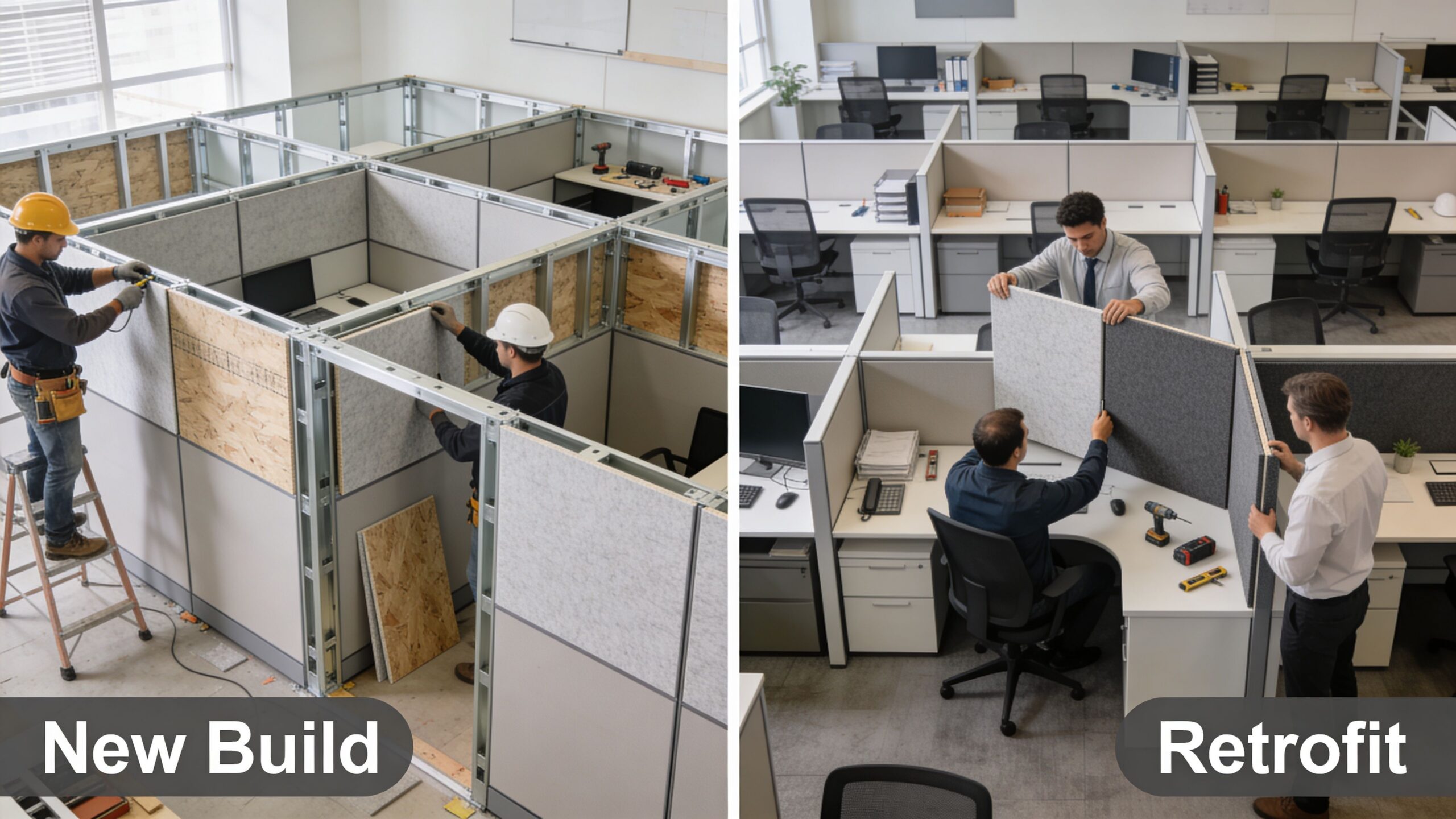 A split image comparing workers building new office cubicles and employees retrofitting existing workstation privacy panels.