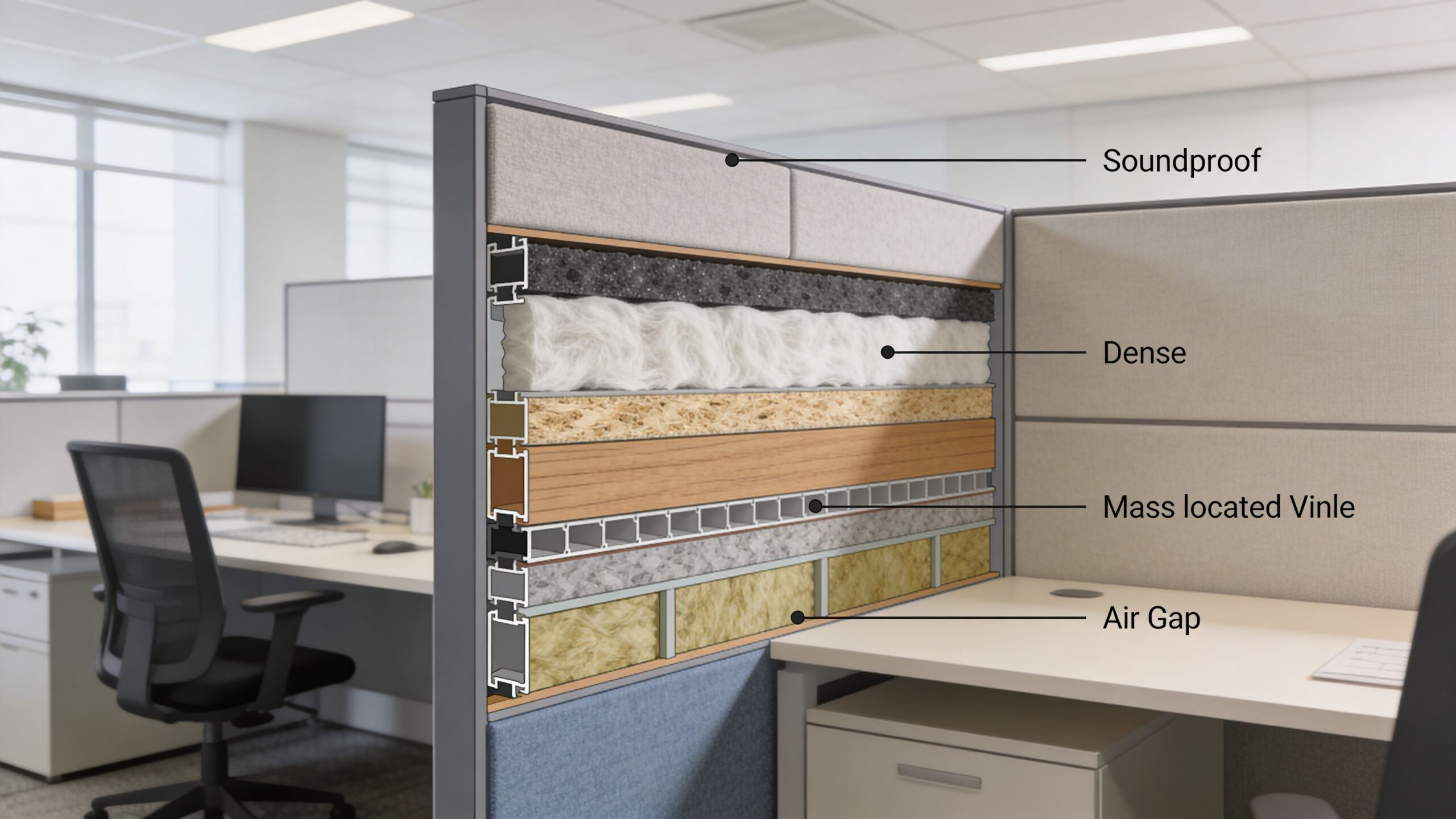 A cross-section view of an office cubicle wall showcasing multiple layers of soundproof construction materials.