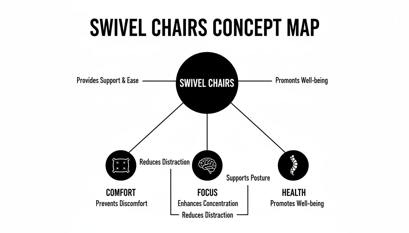 Concept map illustrating the benefits of swivel chairs, including comfort from lumbar and arm support, enhanced focus through easy movement, and improved health by promoting good posture and reducing strain.