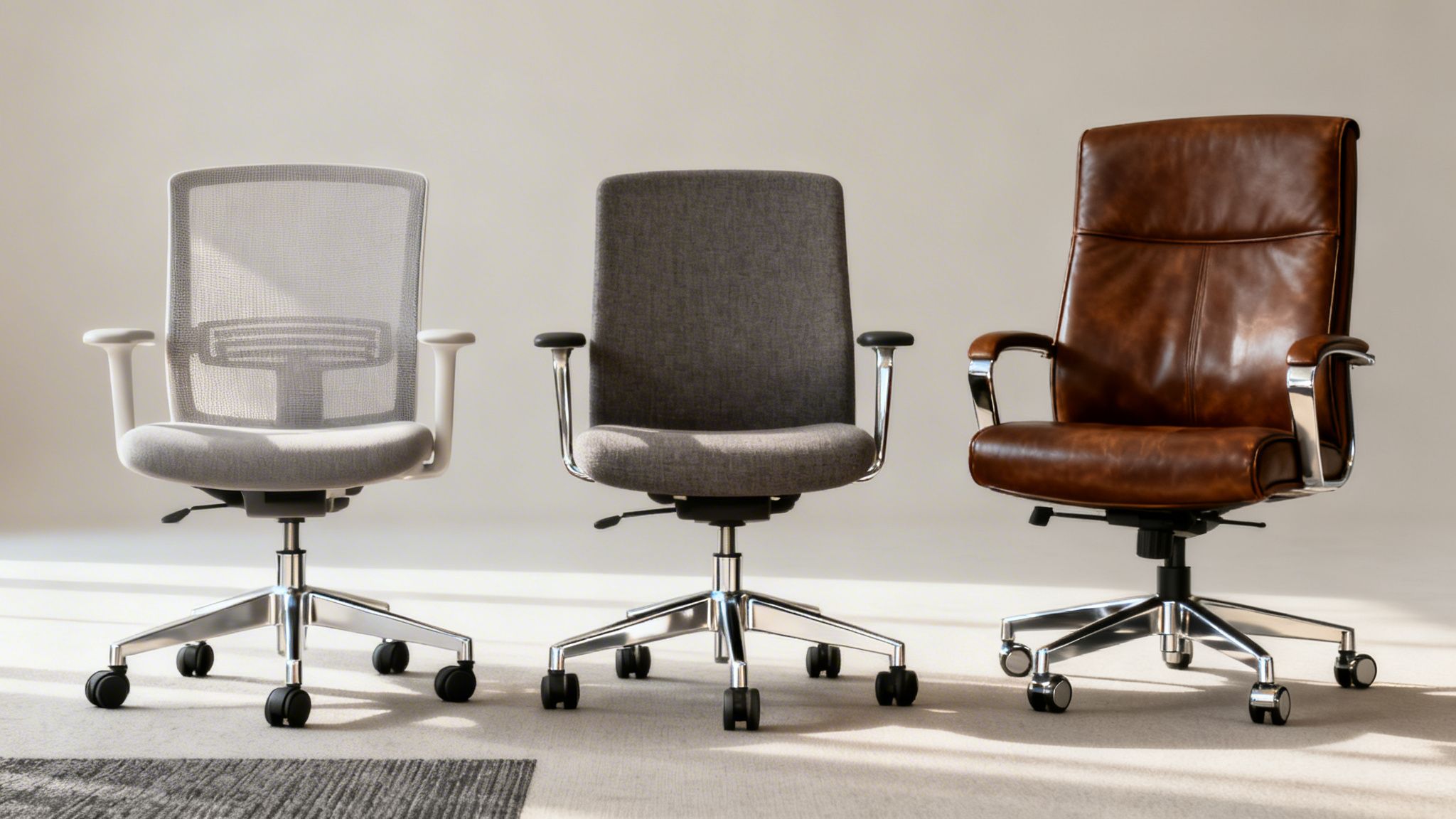 Three different types of modern ergonomic swivel chairs for desks, showing grey mesh, dark grey fabric, and brown leather upholstery options.