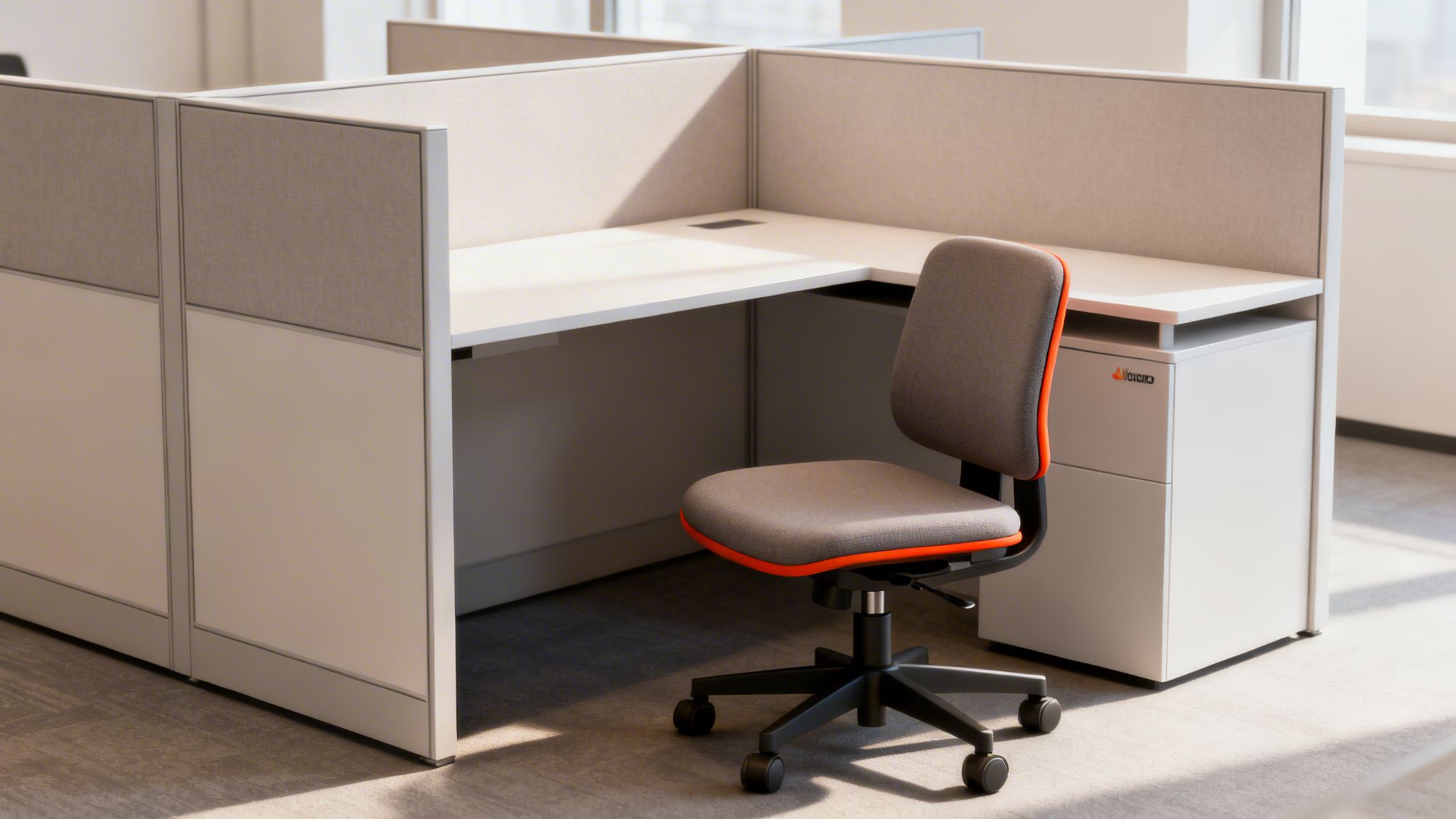 A modern office workspace with a grey ergonomic swivel chair neatly tucked under an L-shaped desk within a workstation cubicle.