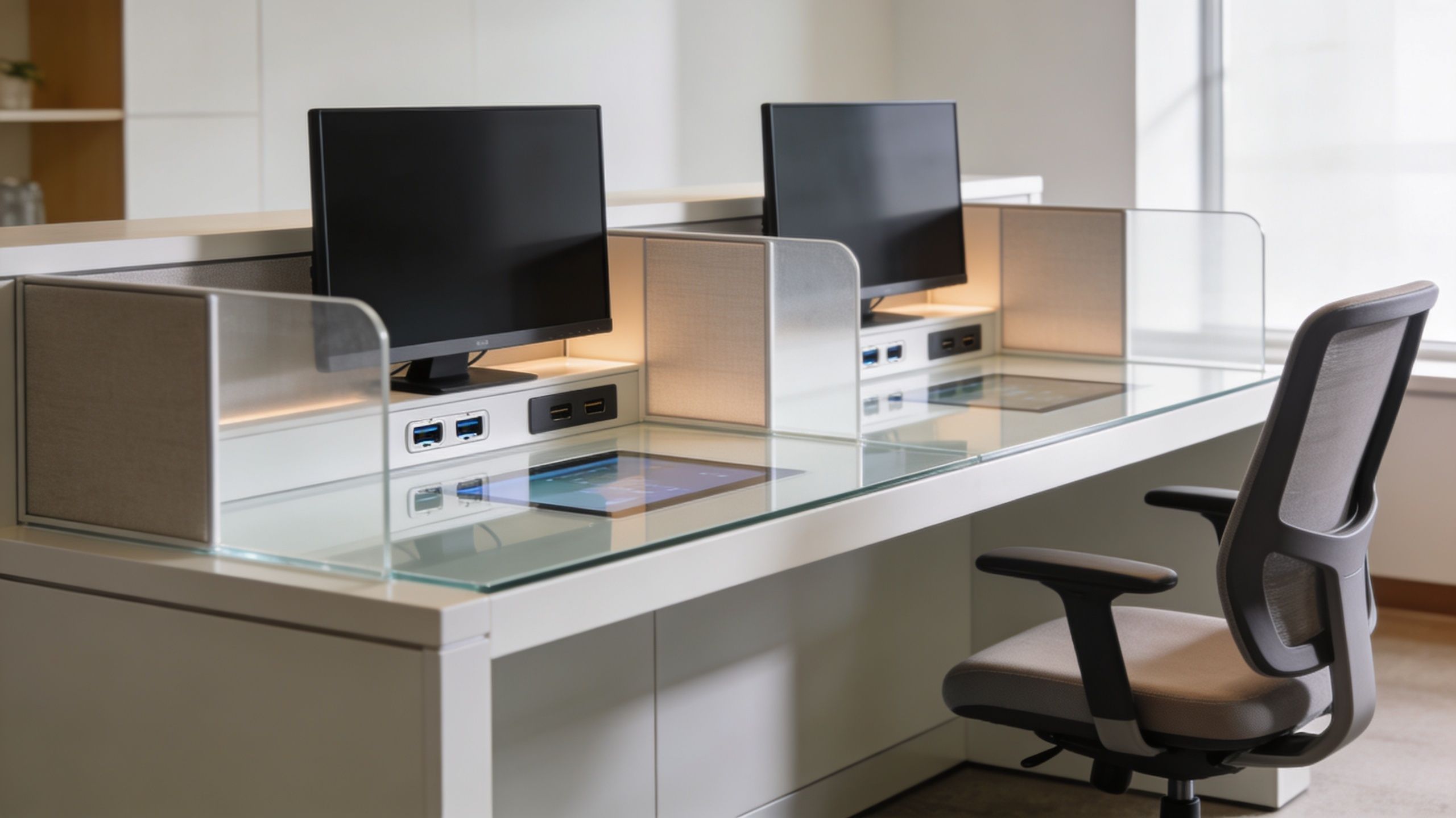 A modern white office workstation with two desk setups, glass partitions, and a grey ergonomic chair.