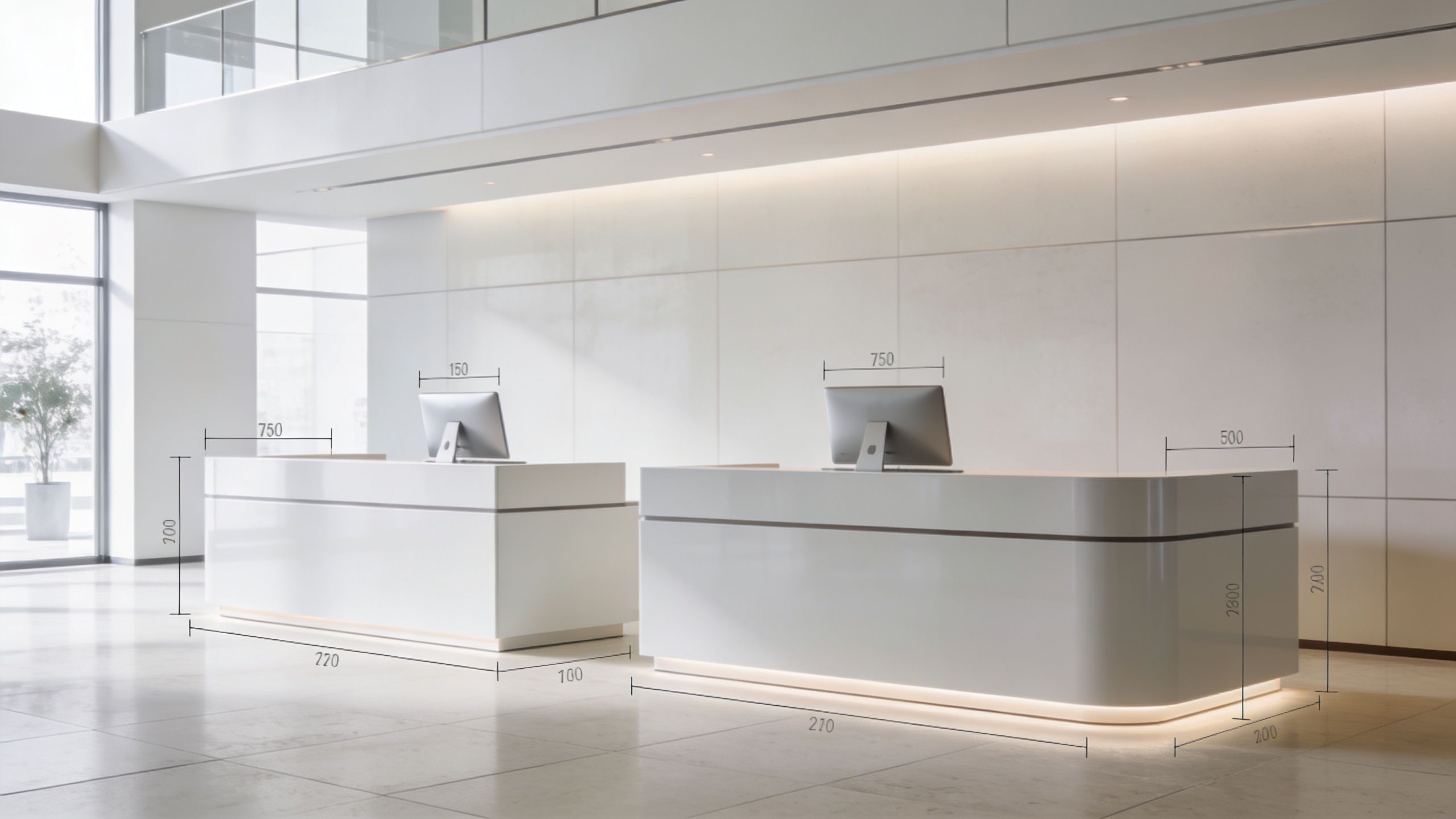 A modern, bright office lobby featuring two white, minimalist reception desks with computer monitors and dimension markings.