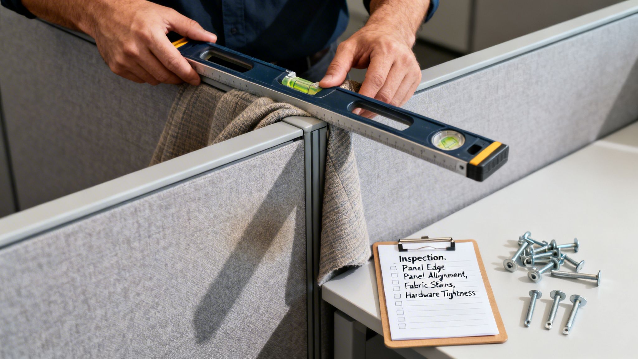 Worker inspecting used office cubicle partitions with a level to ensure proper alignment.