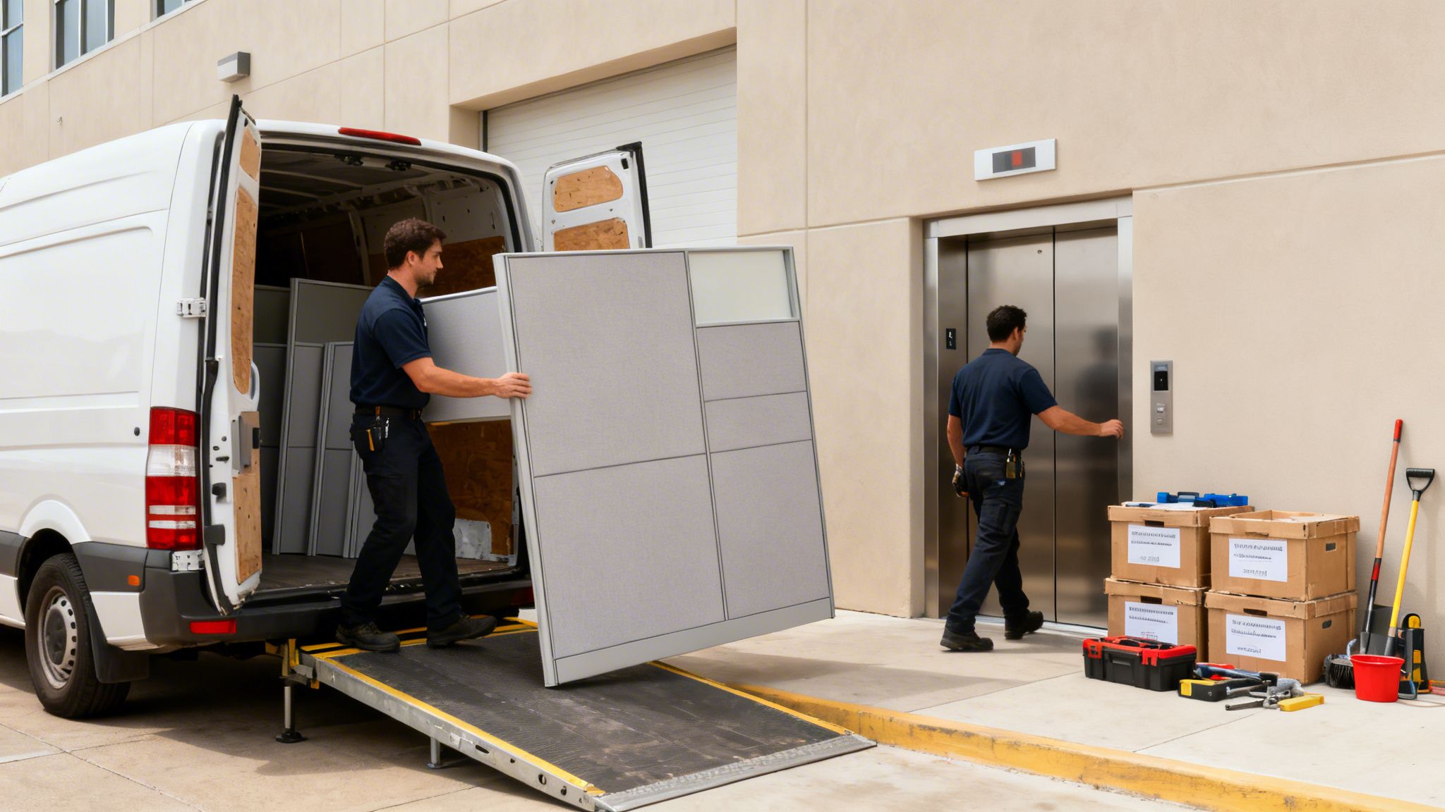 Workers move large, used office cubicle partitions from a van into an elevator.