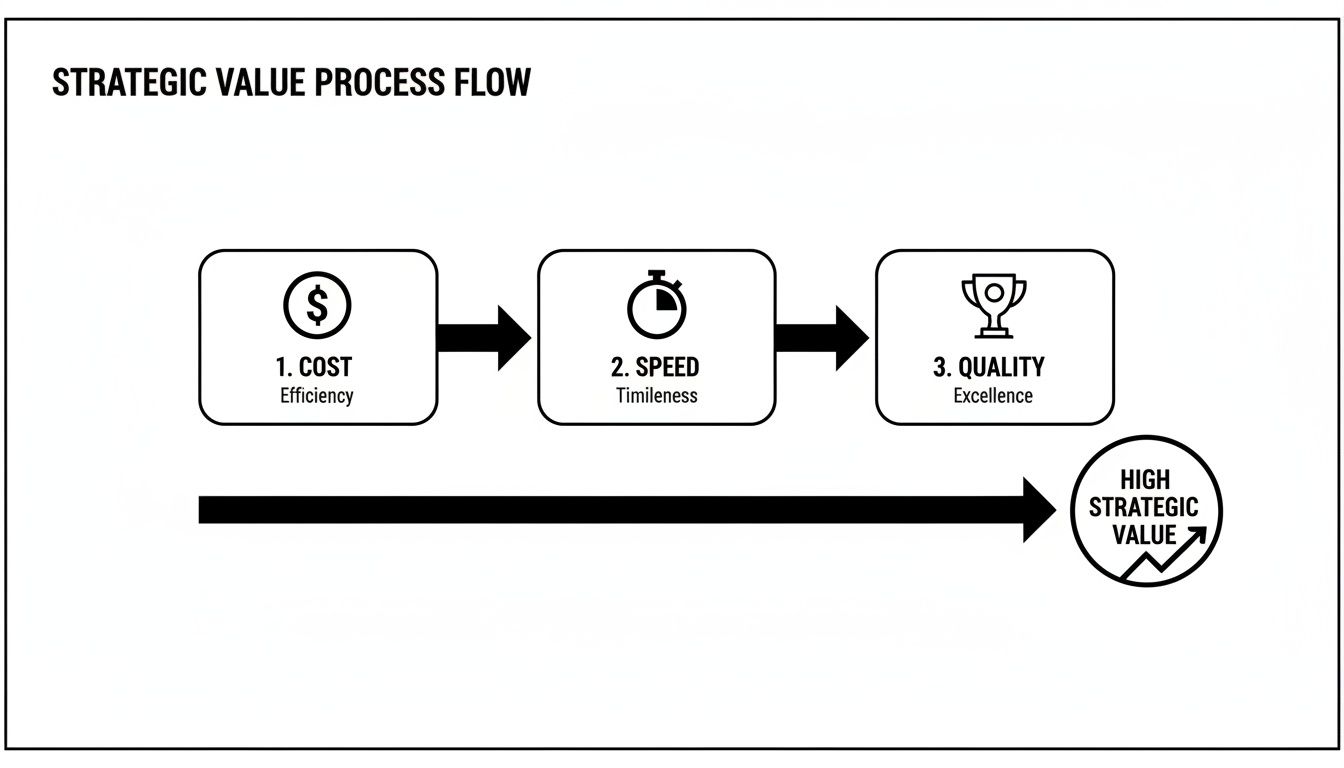 A diagram illustrating the strategic value process flow of used office cubicle partitions, showing cost, speed, and quality leading to high strategic value.