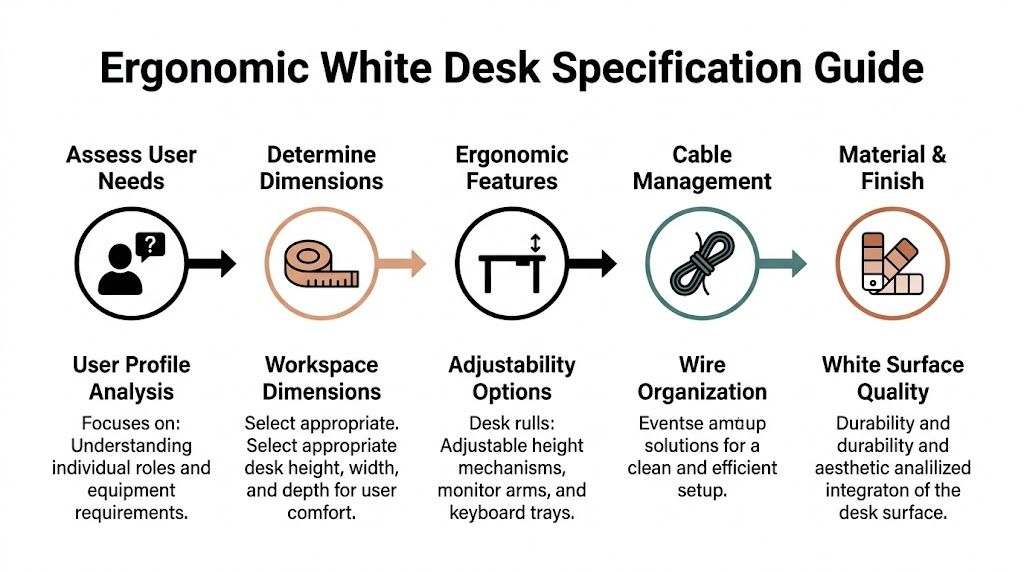 A diagram outlining five key steps for specifying an ergonomic white desk for office workspaces.